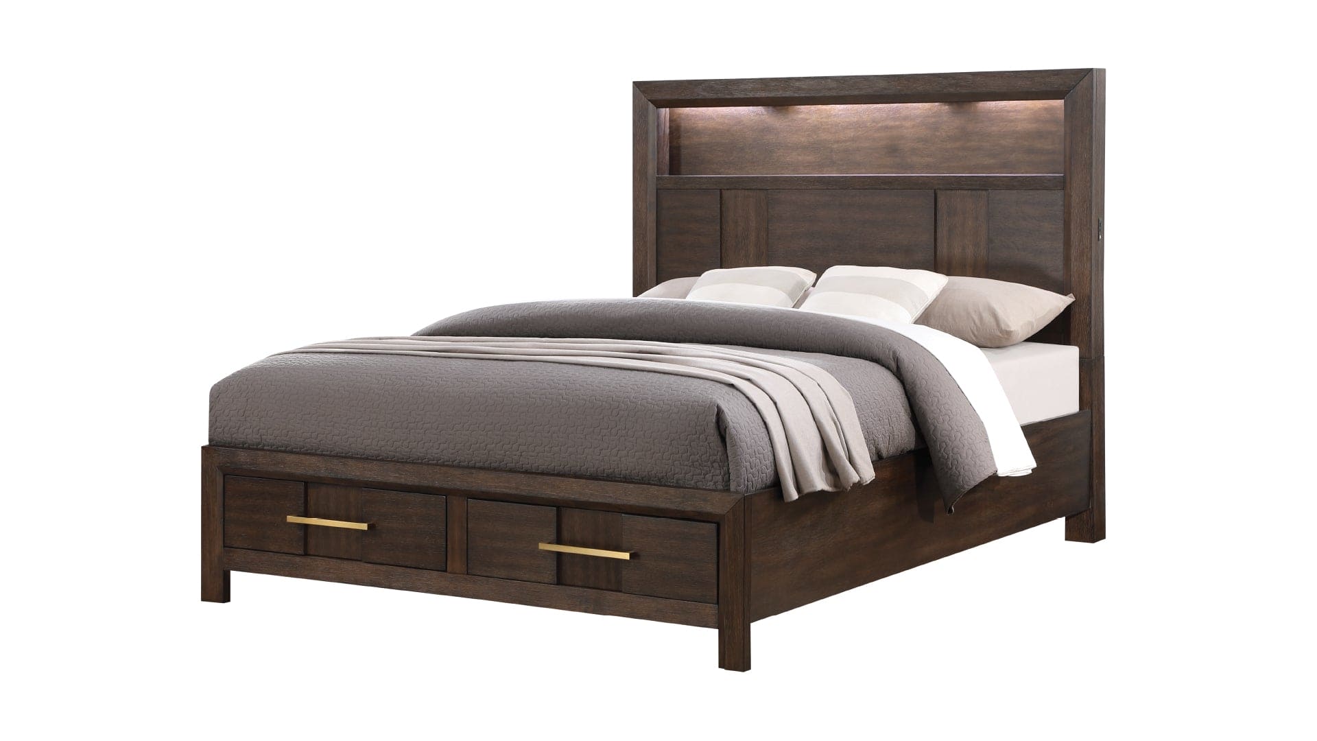 Kenzo Modern Style Queen Bed Made with Wood & LED Headboard with bookshelf in Walnut