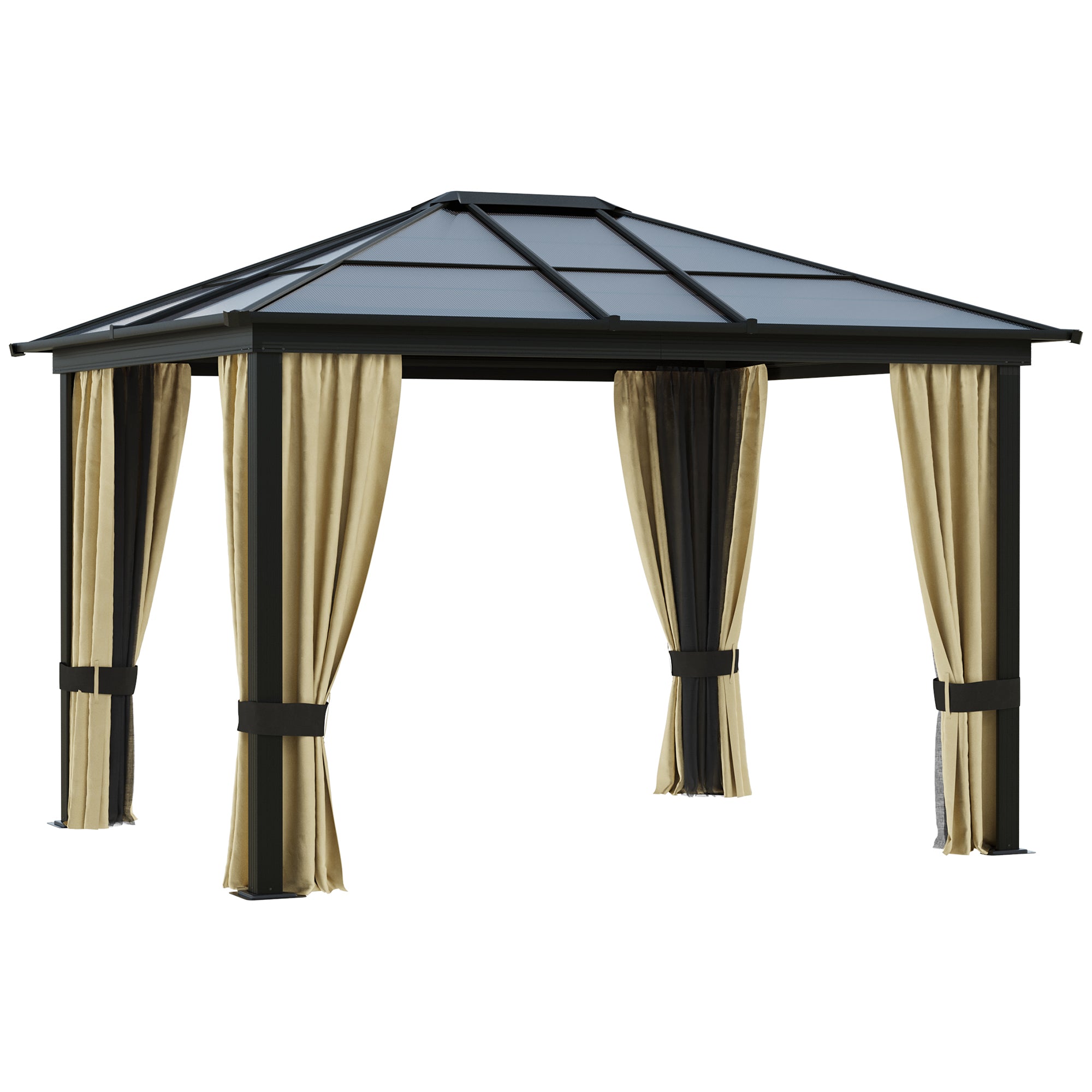 10' x 12' Hardtop Gazebo Canopy with Polycarbonate Roof, Aluminum Frame, Permanent Pavilion Outdoor Gazebo with Netting and Curtains for Patio, Garden, Backyard, Lawn, Deck