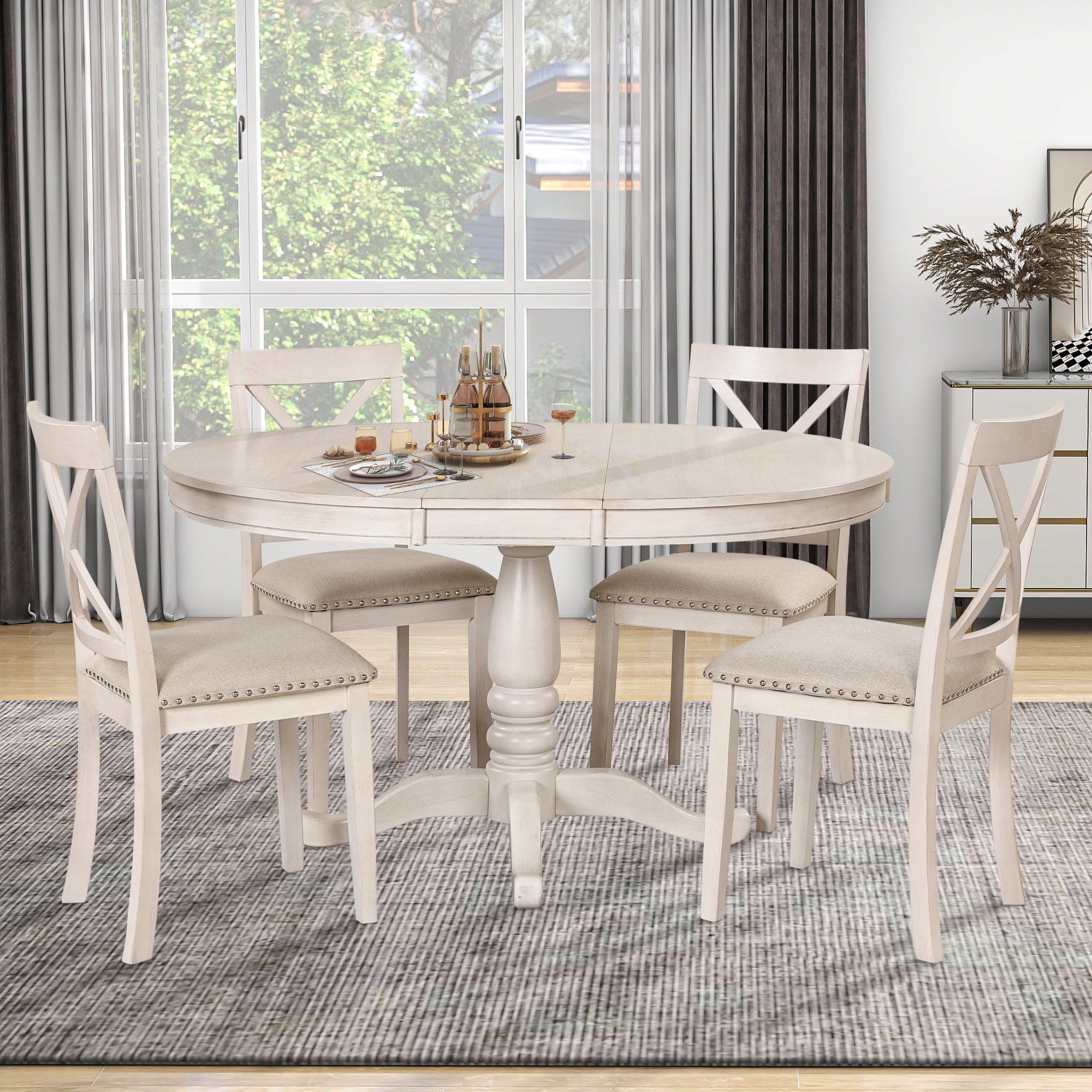 Modern Dining Table Set for 4,Round Table and 4 Kitchen Room Chairs,5 Piece Kitchen Table Set for Dining Room,Dinette,Breakfast Nook,Antique White