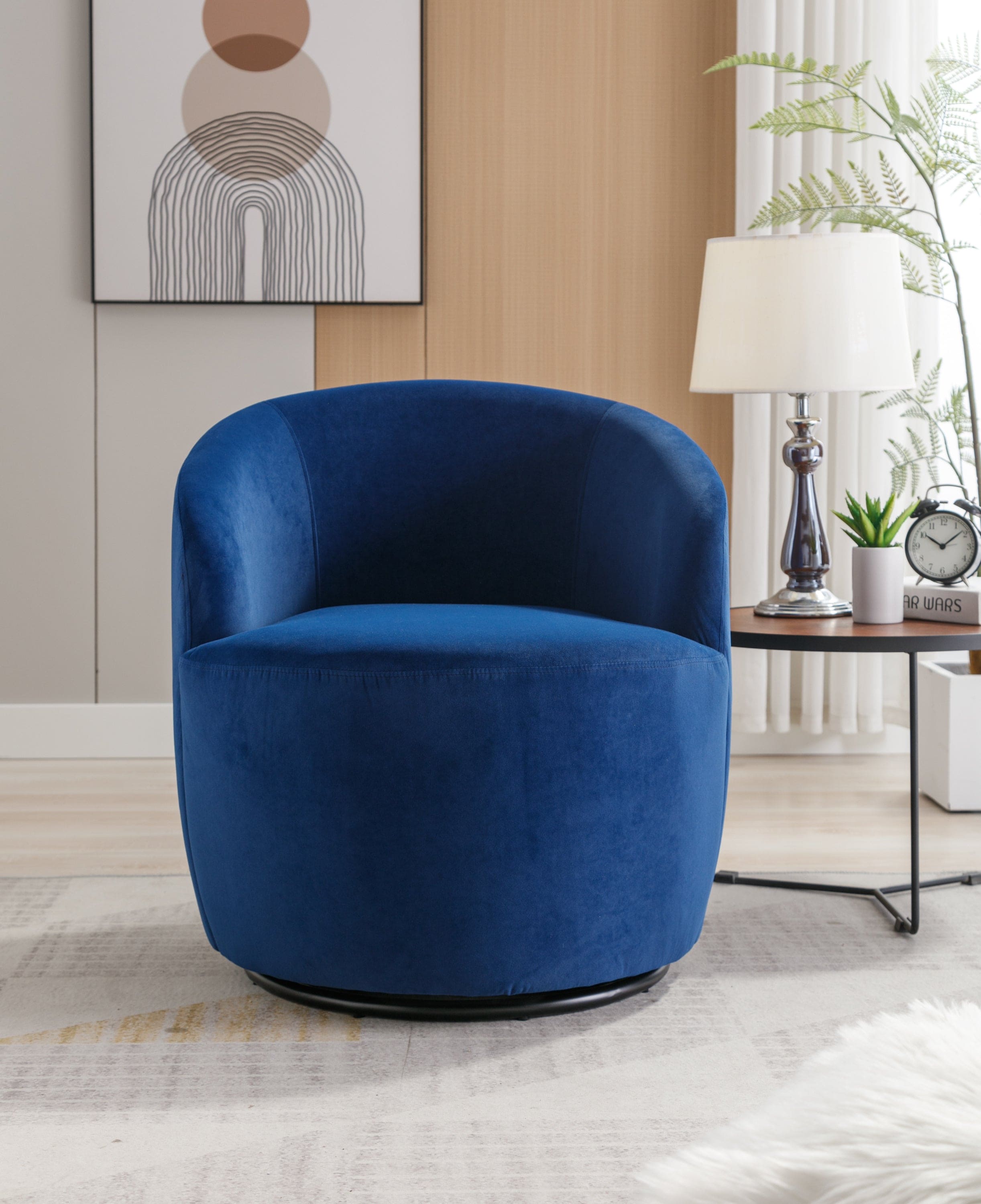 Velvet Fabric Swivel Accent Armchair Barrel Chair With Black Powder Coating Metal Ring,Blue