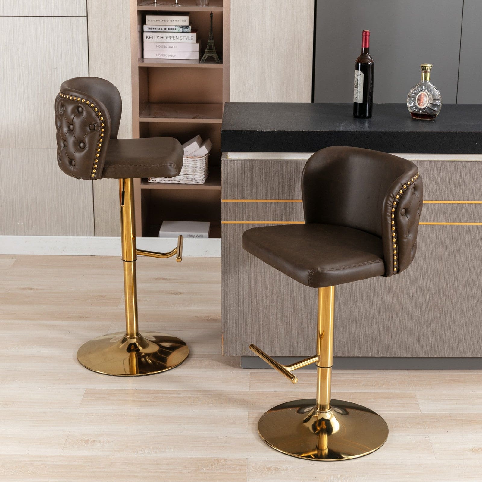 A&A Furniture,Swivel Barstools Adjusatble Seat Height, Modern PU Upholstered Bar Stools with  the whole Back Tufted, for Home Pub and Kitchen Island（Brown, Set of 2）