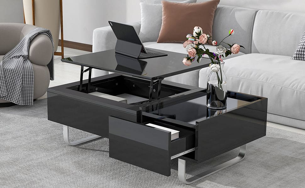 ON-TREND Multi-functional Coffee Table with Lifted Tabletop, Contemporary Cocktail Table with Metal Frame Legs, High-gloss Surface Dining Table for Living Room, Black