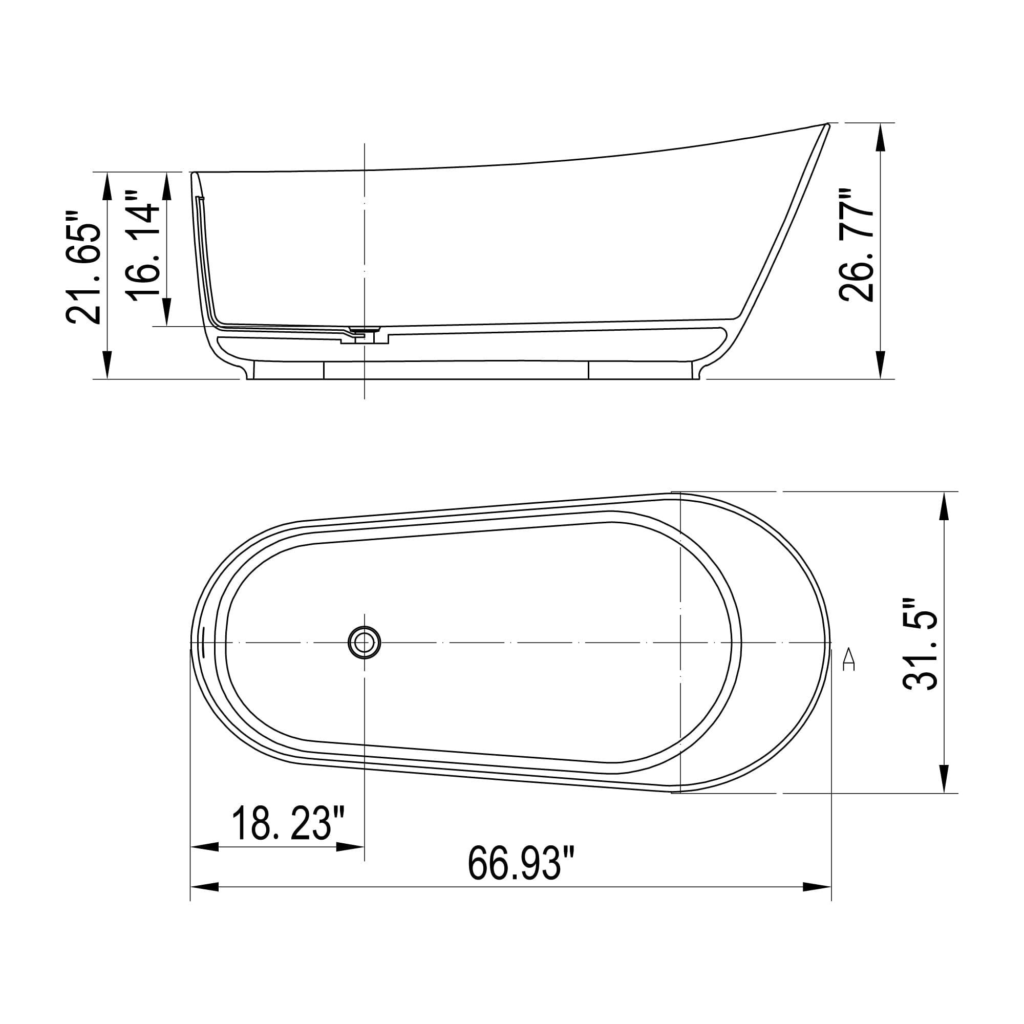 67-inch solid surface stone resin oval shape soaking bathtub with overflow for the bathroom