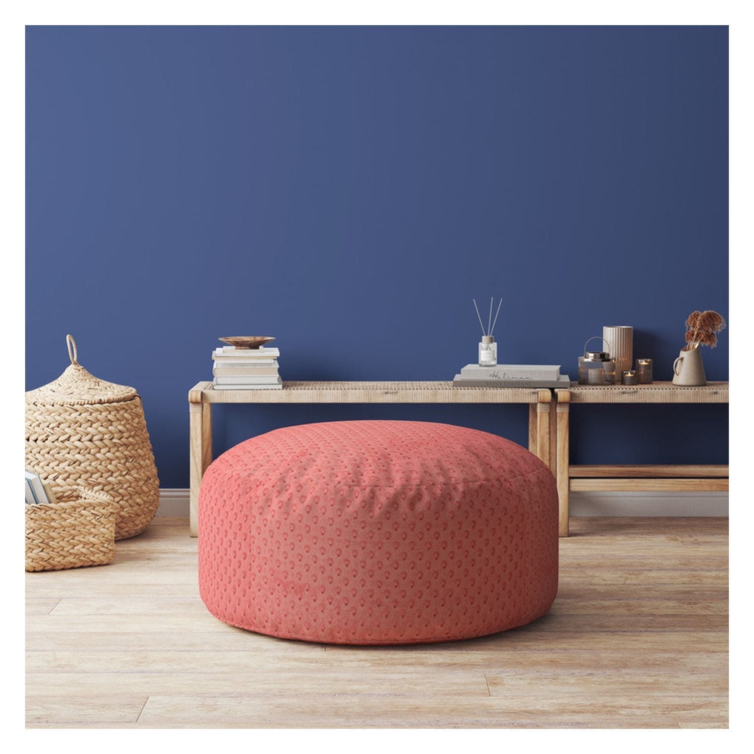 Indoor MINKY DIMPLE DOT Plush Coral Round Zipper Pouf - Cover Only - 24in dia x 20in tall