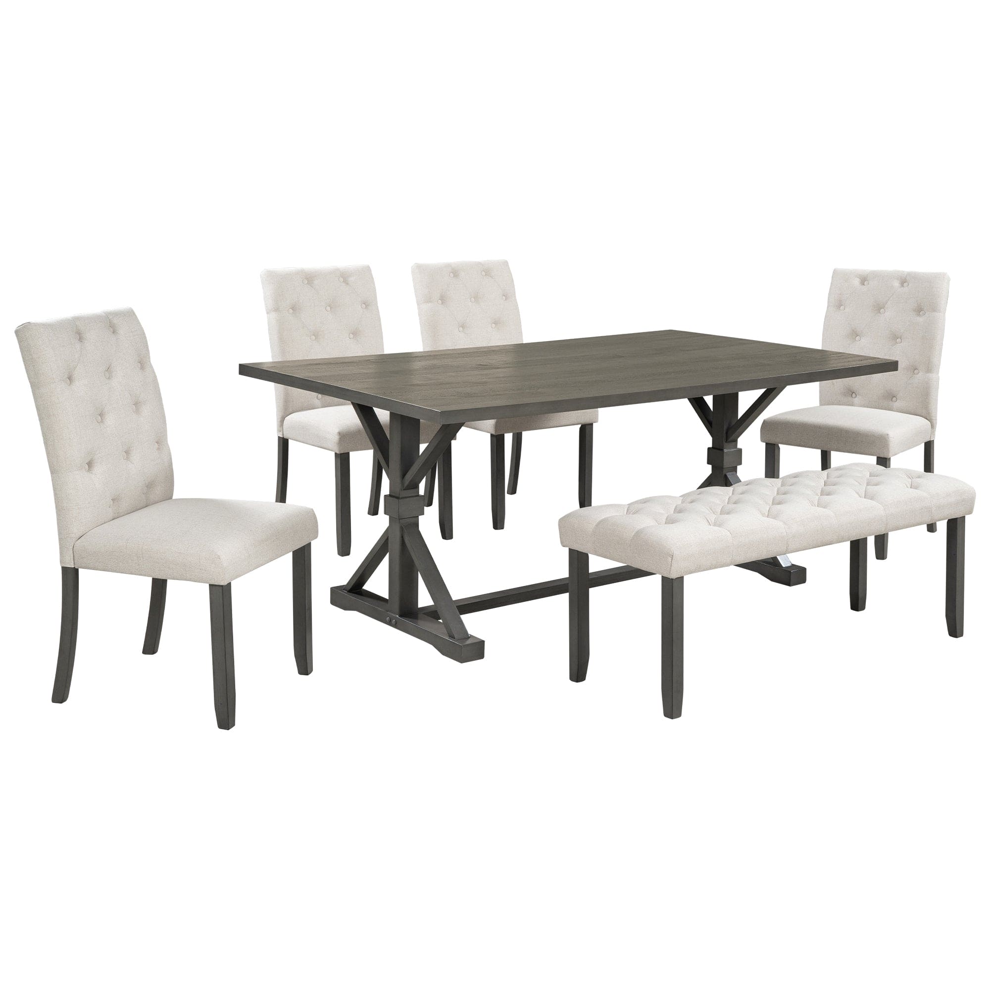 TREXM 6-Piece Farmhouse Dining Table Set 72" Wood Rectangular Table, 4 Upholstered Chairs with Bench (Gray)