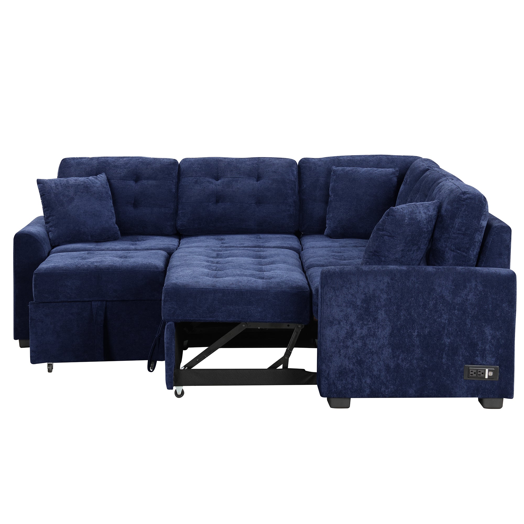 82.6" L-shape Sofa Bed Pull-out Sleeper Sofa with Wheels, USB Ports, Power Sockets for Living Room, Navy Blue