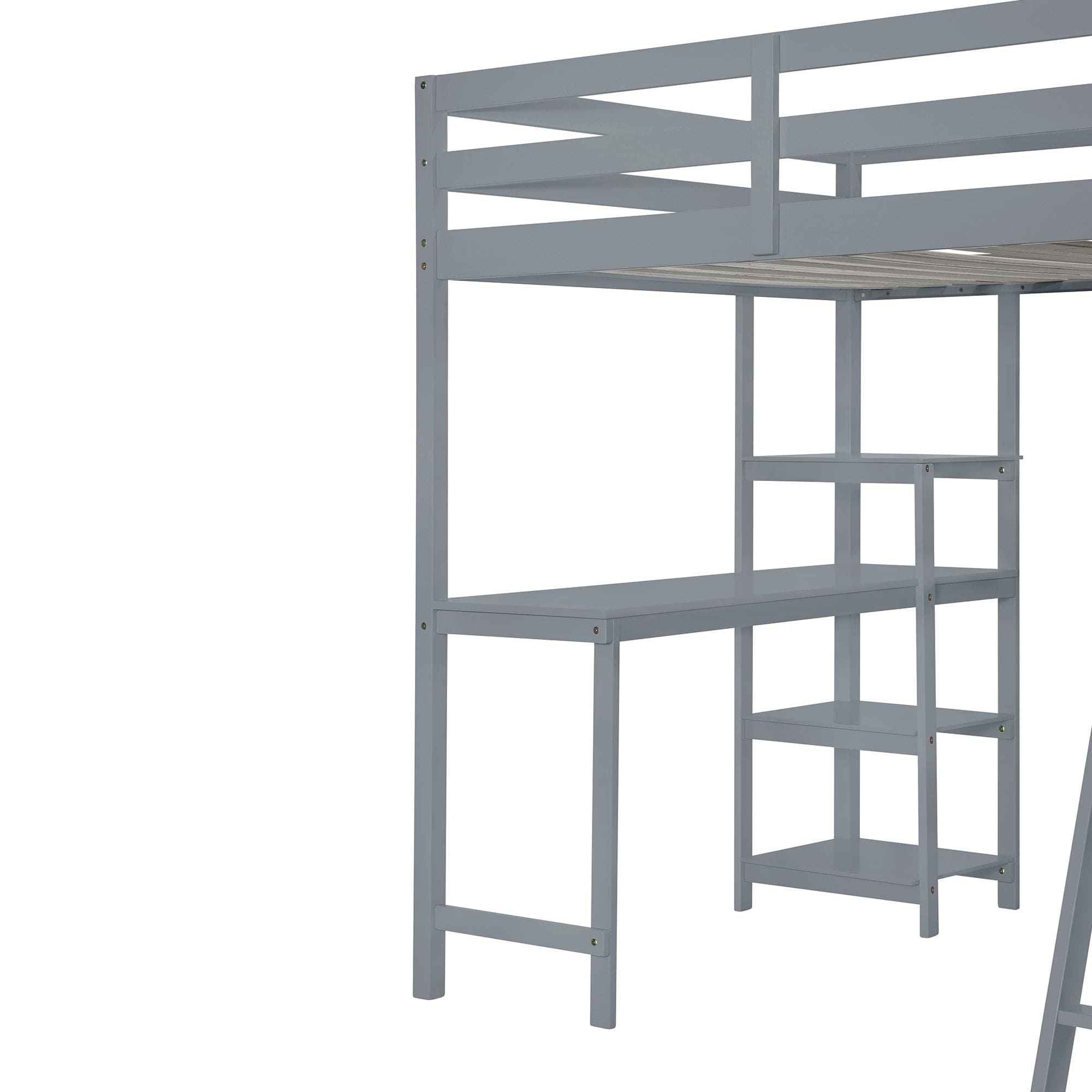 Full Size Loft Bed with Wardrobe and Desk and Shelves, Gray