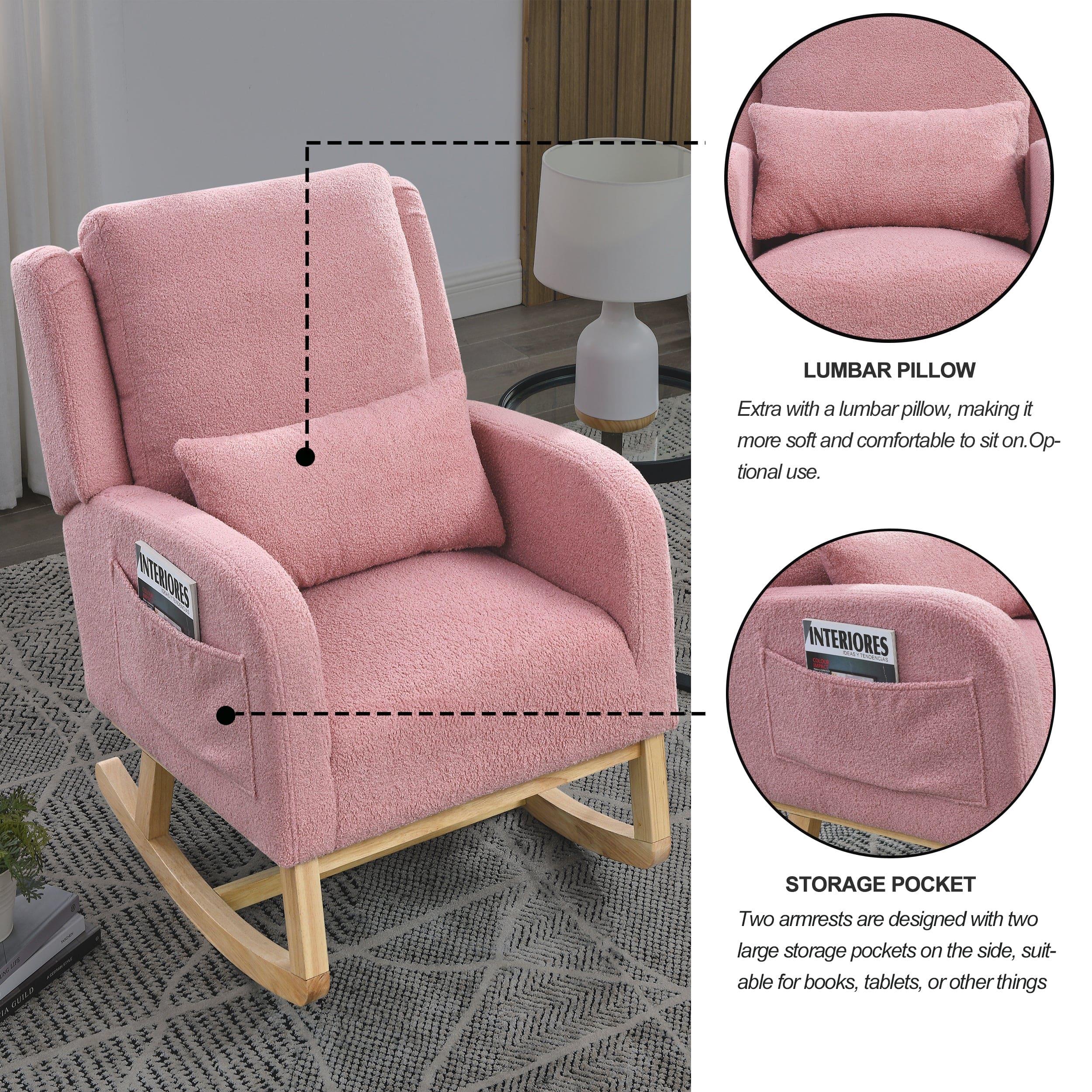 [Video] Welike 27.5 "W Modern Accent High Back Living Room Casual Armchair Rocker with One Lumbar Pillow, Two Side Pockets,Teddy.