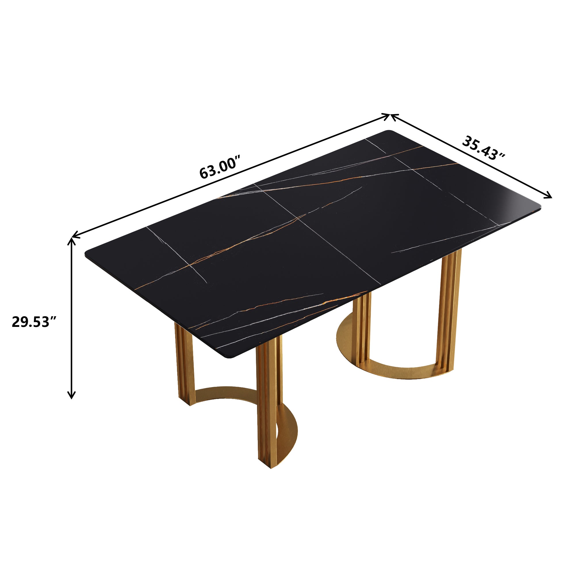 63"Modern artificial stone black straight edge golden metal leg dining table -6 people