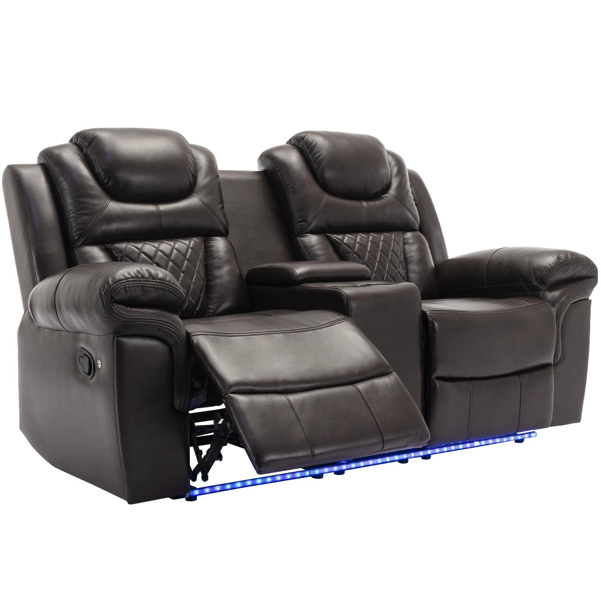 Home Theater Seating Manual Recliner Loveseat with Hide-Away Storage, Cup Holders and LED Light Strip for Living Room, Brown