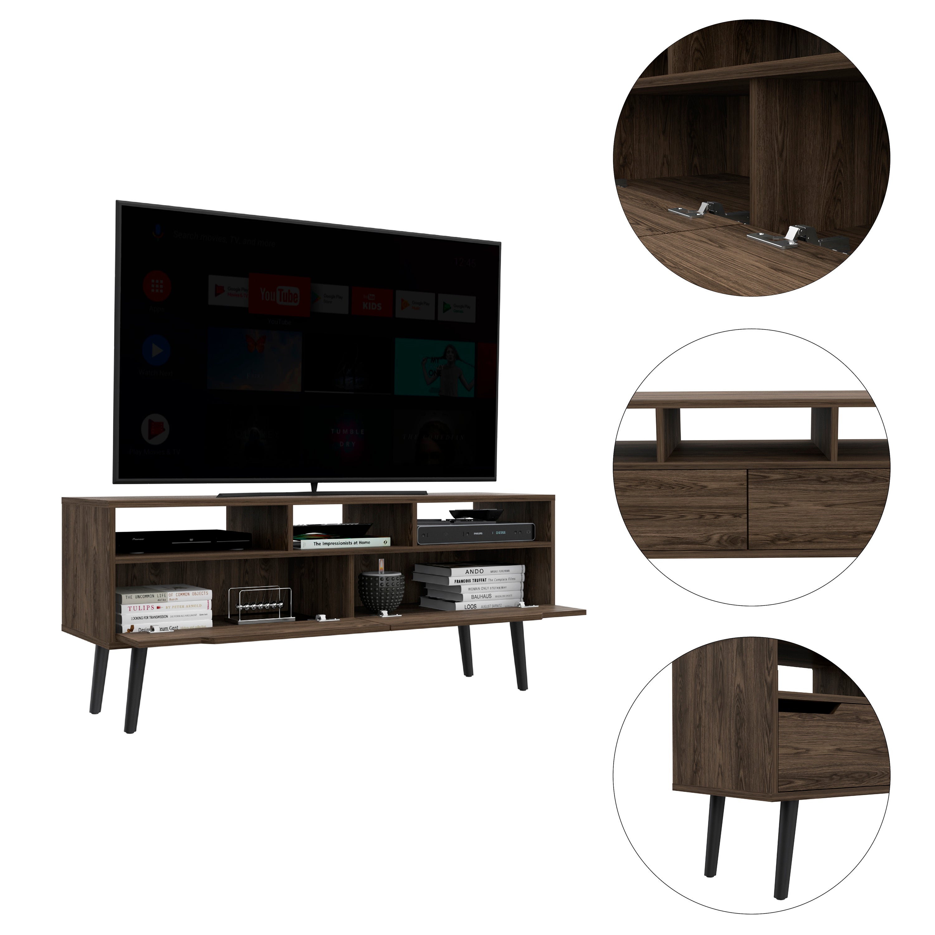 Tv Stand for TV´s up 52" Bull, Three Open Shelves, Two Flexible Drawers, Dark Walnut Finish