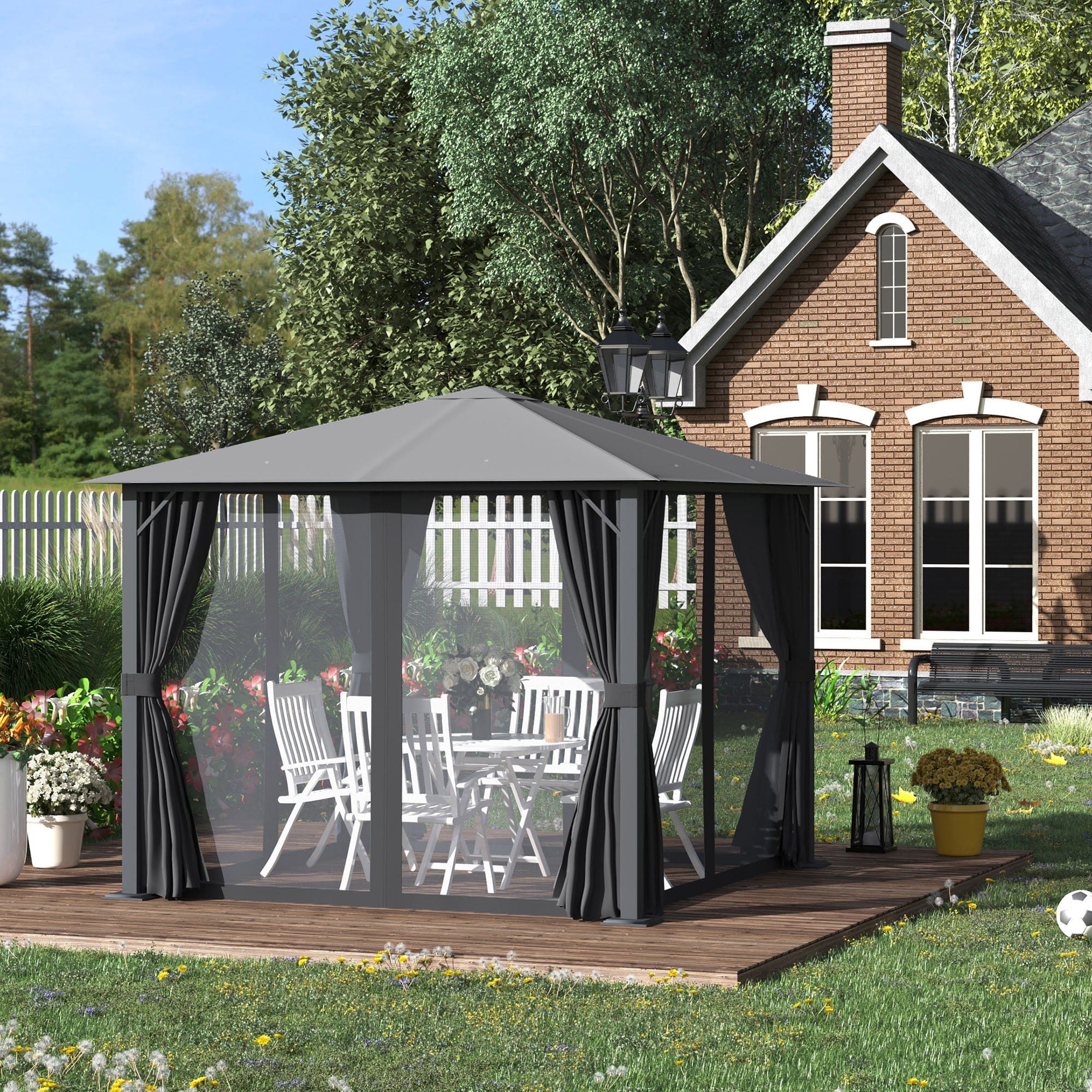 10' x 10' Patio Gazebo, Outdoor Gazebo Canopy Shelter with Netting & Curtains, Vented Roof, for Garden, Lawn, Backyard and Deck, Black