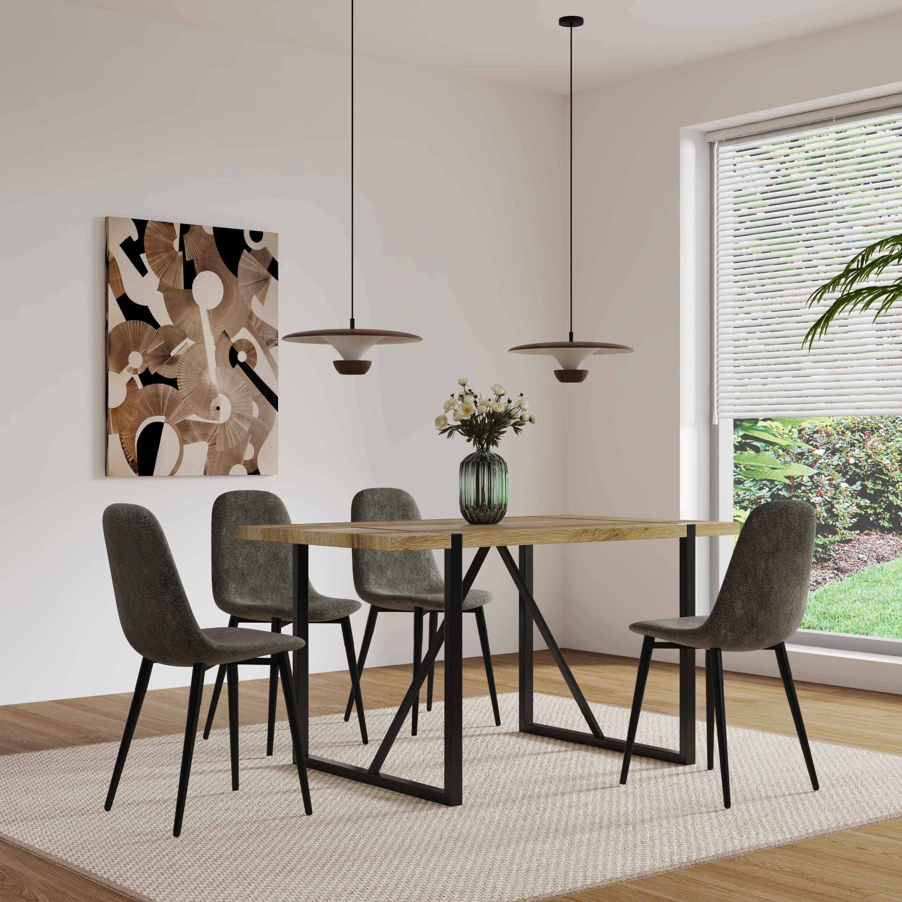 MDF Wood Colour Dining Table and Modern Dining Chairs Set of 4, Mid Century Wooden Kitchen Table Set, Metal Base & Legs, Dining Room Table and Suede Chairs