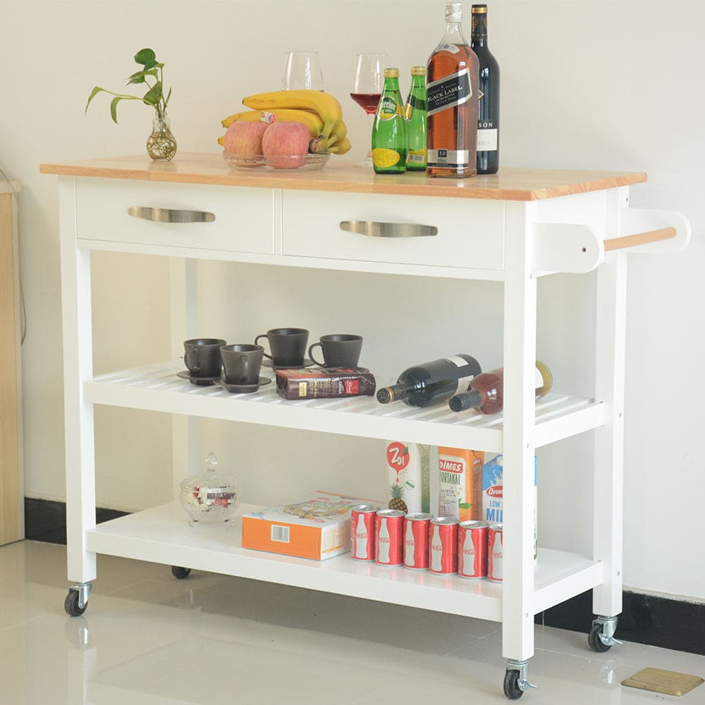 Kitchen Island & Kitchen Cart, Rubber Wood Top, Mobile Kitchen Island with Two Lockable Wheels, Simple Design for Easy Storing and Fetching, Two Drawers Give Unique Storage for Special Utensil.