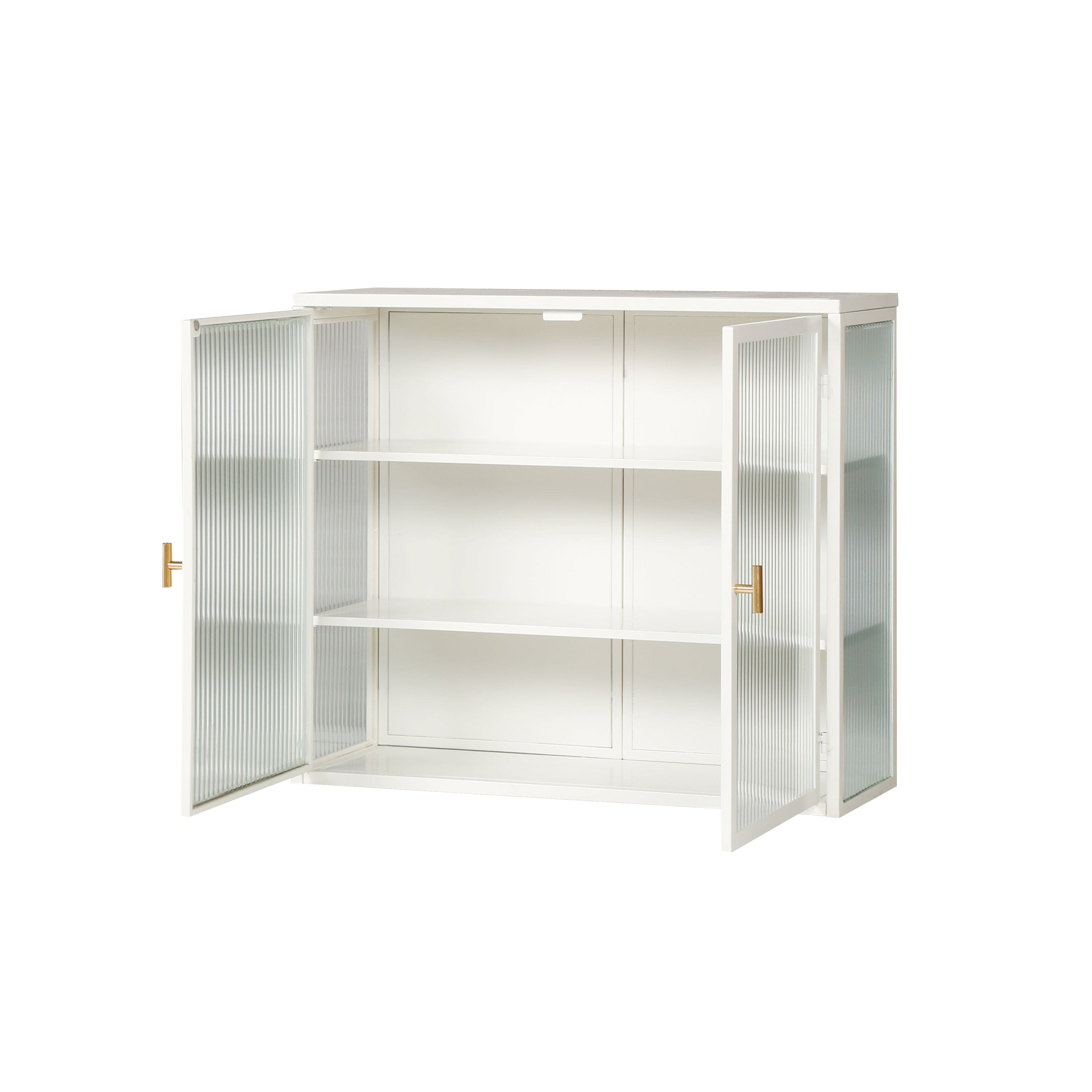 27.56"Glass Doors Modern Two-door Wall Cabinet with Featuring Three-tier Storage for Entryway Living Room Bathroom Dining Room,White