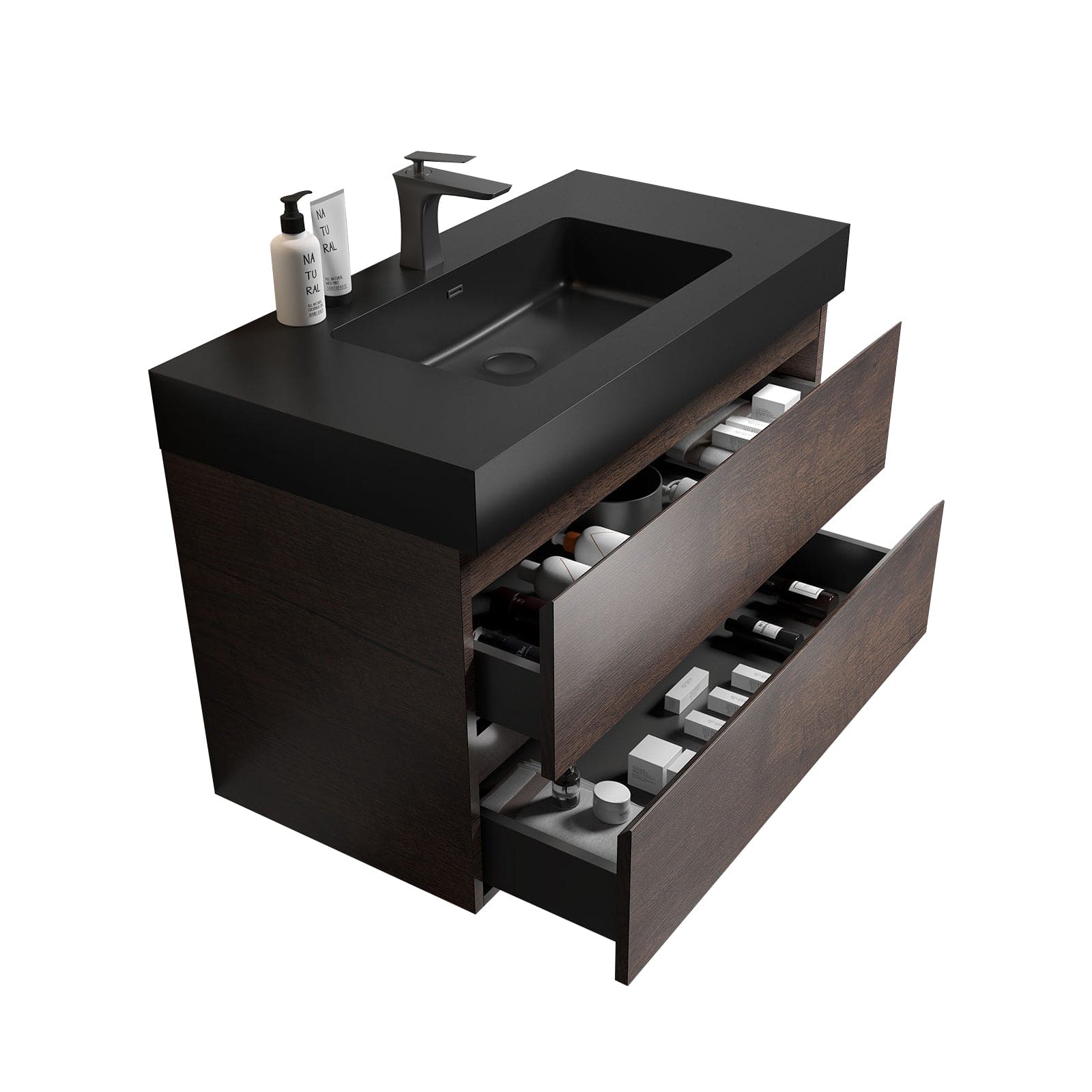 Alice 36" Walnut Bathroom Vanity with Sink, Large Storage Wall Mounted Floating Bathroom Vanity for Modern Bathroom, One-Piece Black Sink Basin without Drain and Faucet