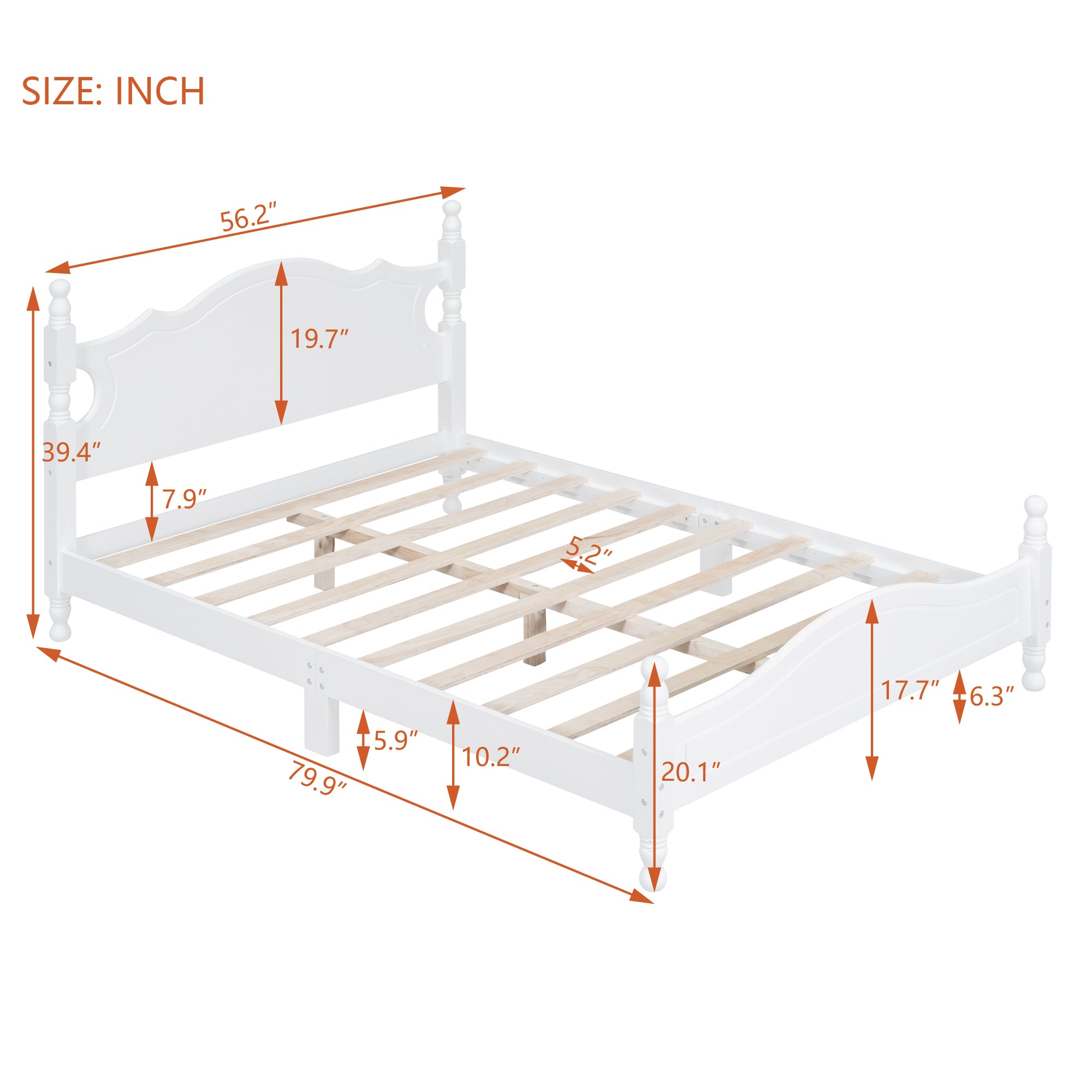 Full Size Wood Platform Bed Frame,Retro Style Platform Bed with Wooden Slat Support,White