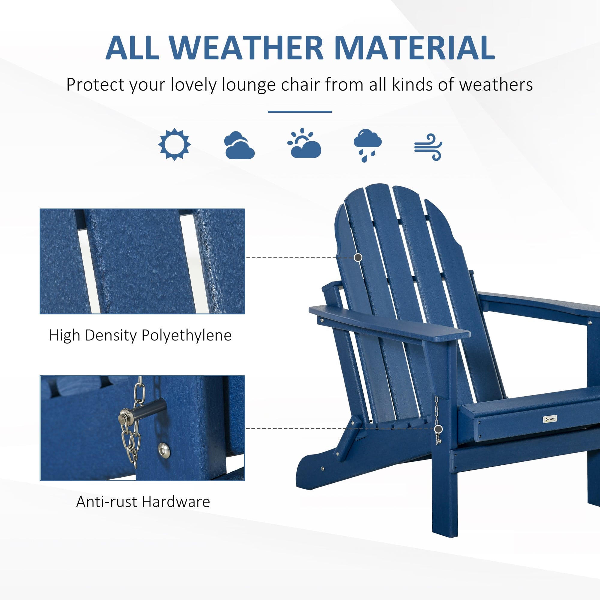 Outsunny Folding Adirondack Chair, Faux Wood Patio & Fire Pit Chair, Weather Resistant HDPE for Deck, Outside Garden, Porch, Backyard, Blue