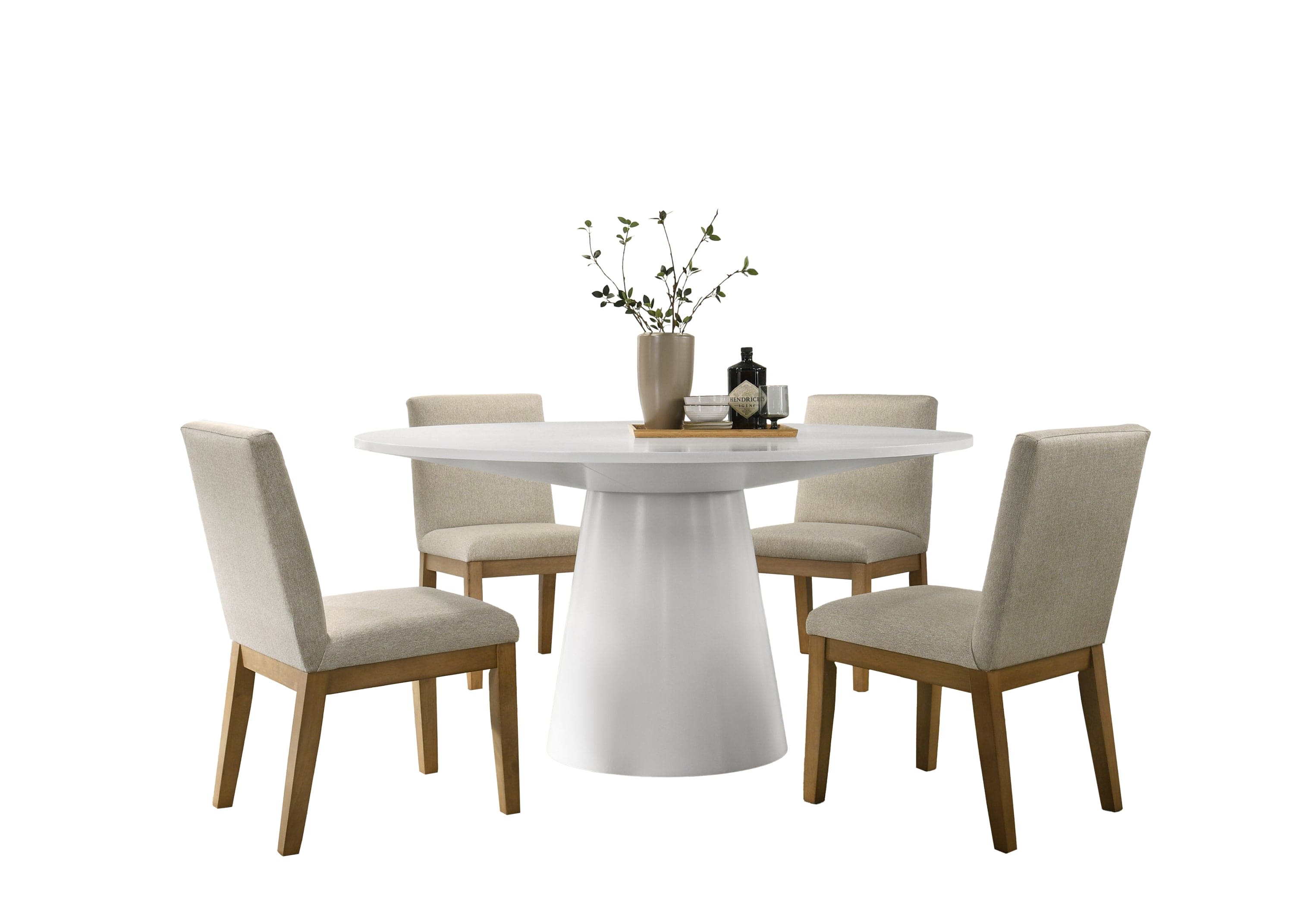 Jasper White 5 Piece 59" Wide Contemporary Round Dining Table Set with Beige Fabric Chairs