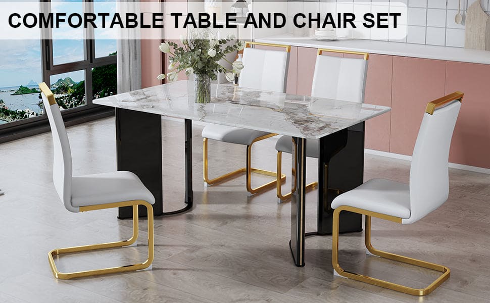 Table and chair set. 1 table and 4 white PU backrest cushions with gold metal leg chairs . A rectangular white imitation marble desktop with MDF legs and gold metal decorative strips. HH1162