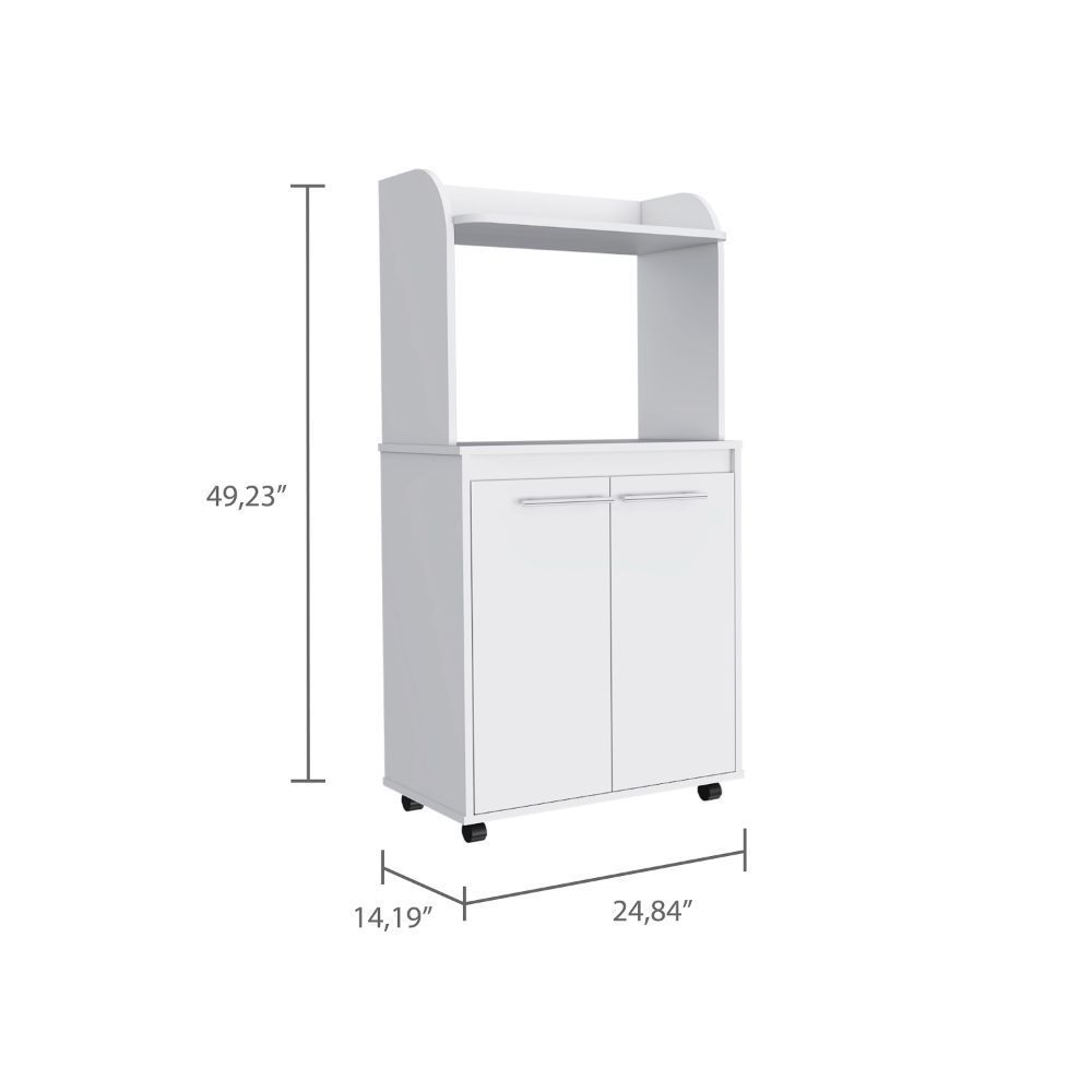 Kira Kitchen Kart, Double Door Cabinet, One Open Shelf, Two Interior Shelves -White