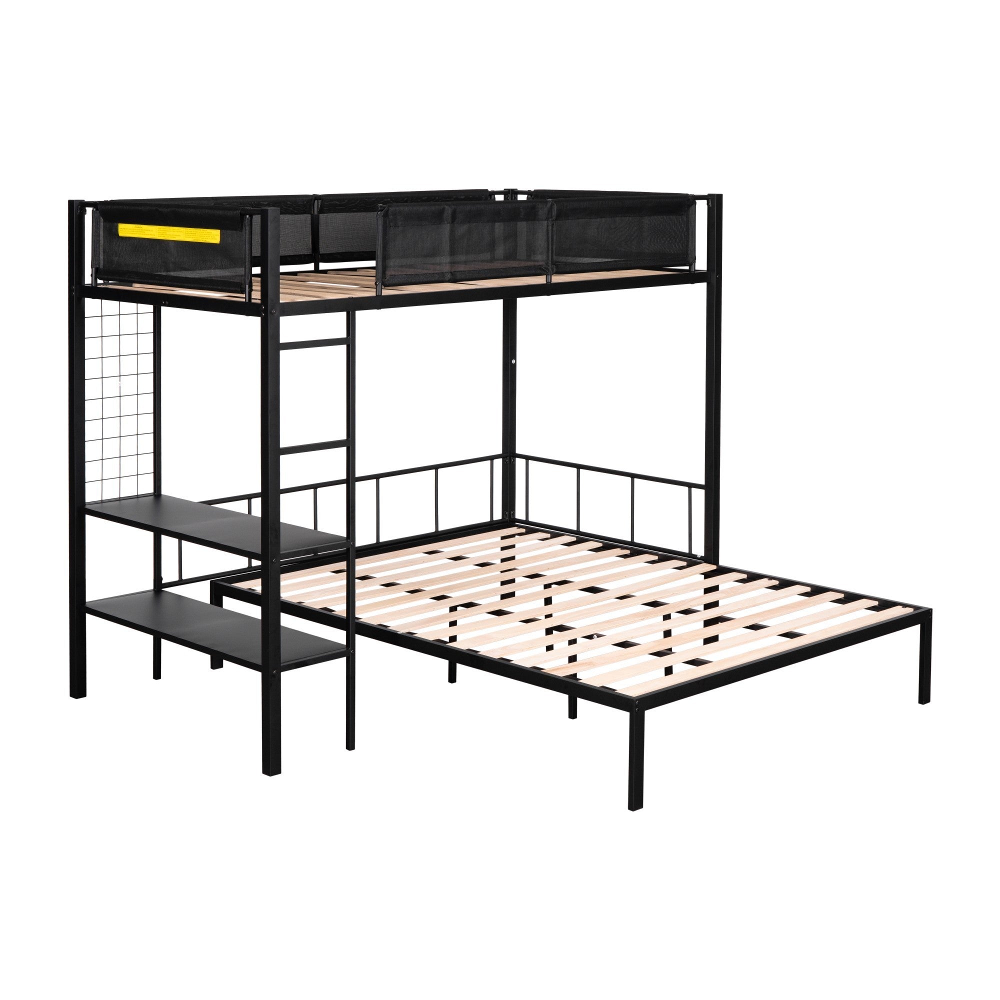 Metal Twin over Full Bunk with Shelves & Grid Panel/ Sturdy Metal Bed Frame/ Noise-free Wood Slats/ Comfortable Textilene Guardrail/ Built-in 2-tier Shelves & Grid Panel/ Separated Full size Bed