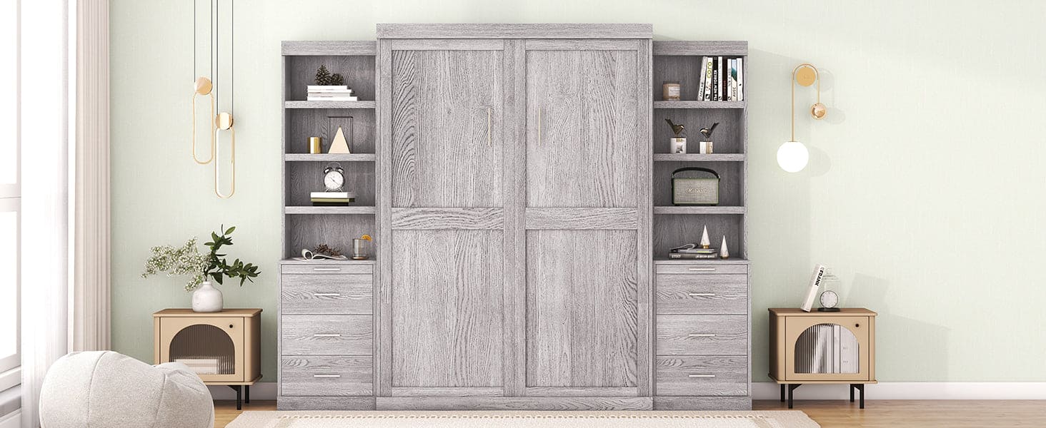 Full Size Murphy Bed with Storage Shelves and Drawers, Gray