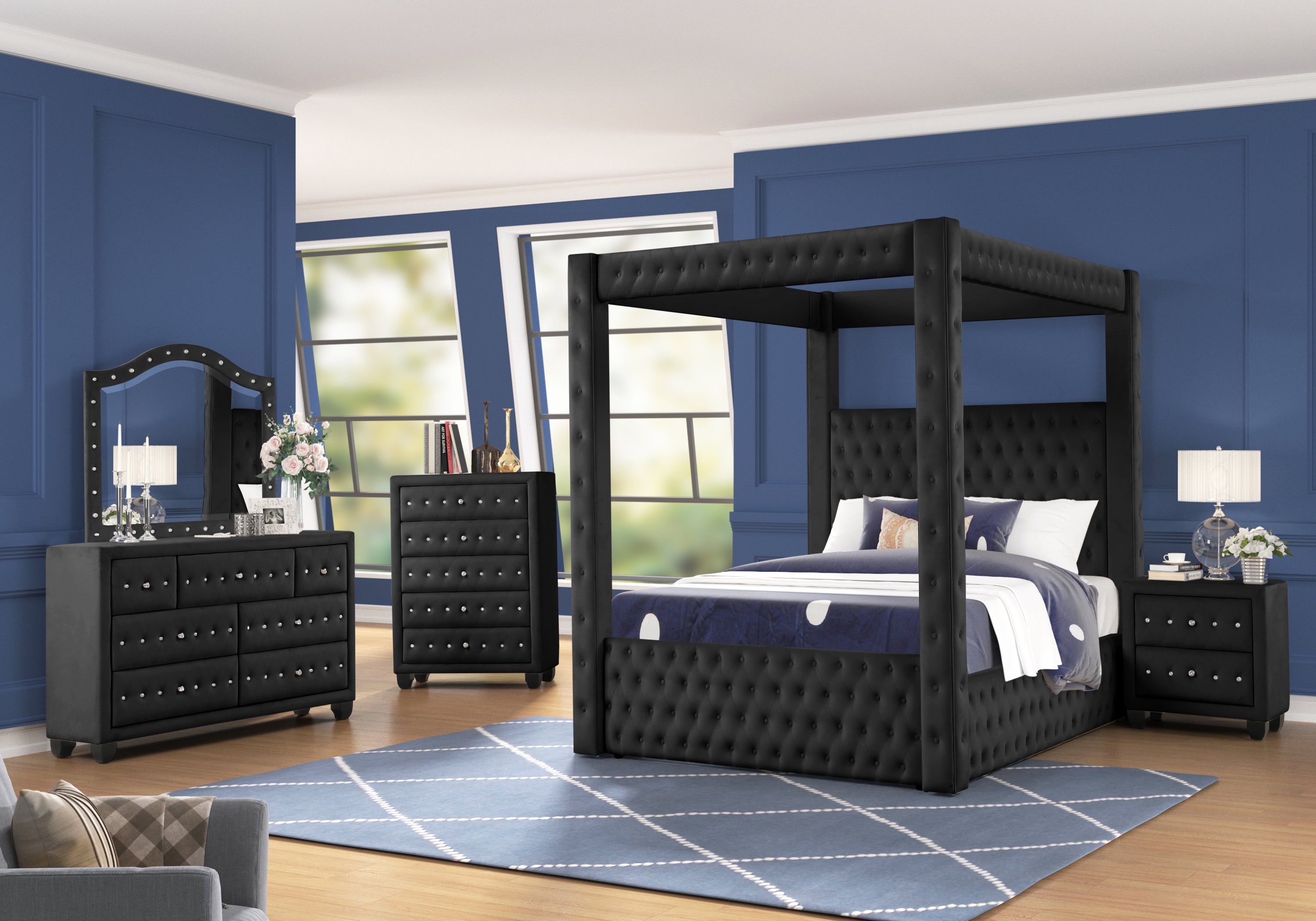 Monica luxurious Four-Poster Queen Bed Made with Wood in Black