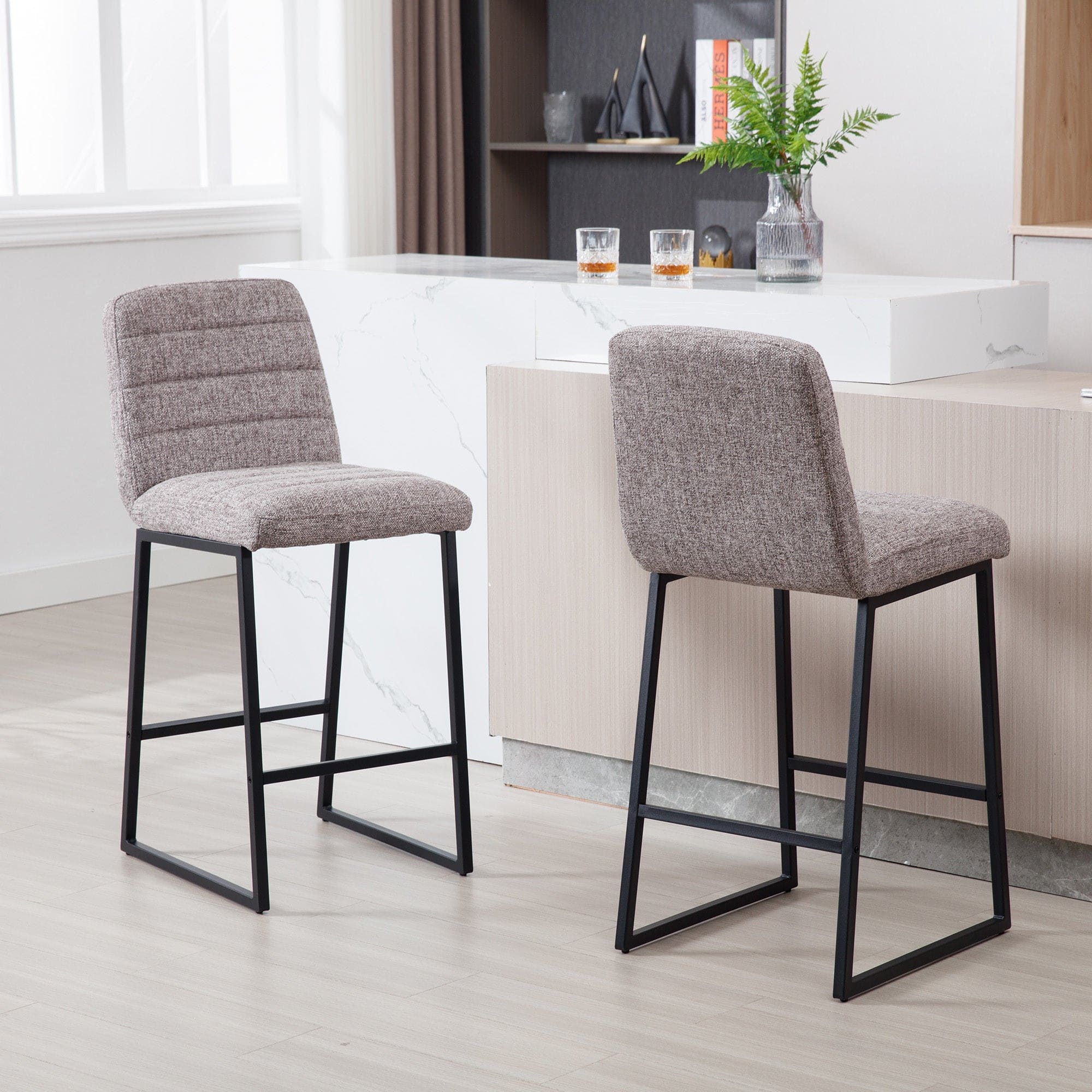 Low Bar Stools Set of 2 Bar Chairs for Living Room Party Room Kitchen,Upholstered Linen Fabric Kitchen Breakfast Bar Stools with Footrest,Coffee