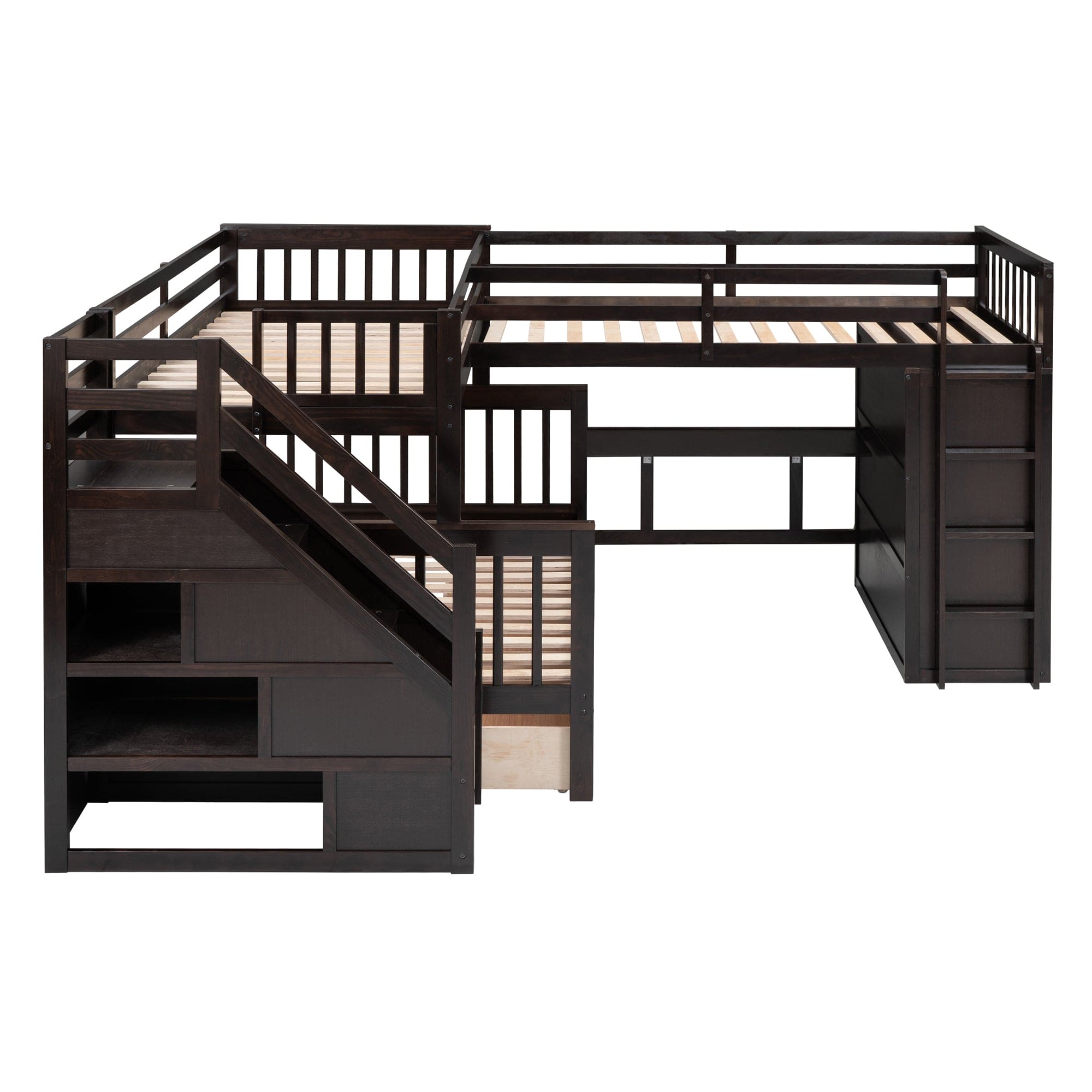 Twin-Twin over Full L-Shaped Bunk Bed With 3 Drawers, Portable Desk and Wardrobe, Espresso