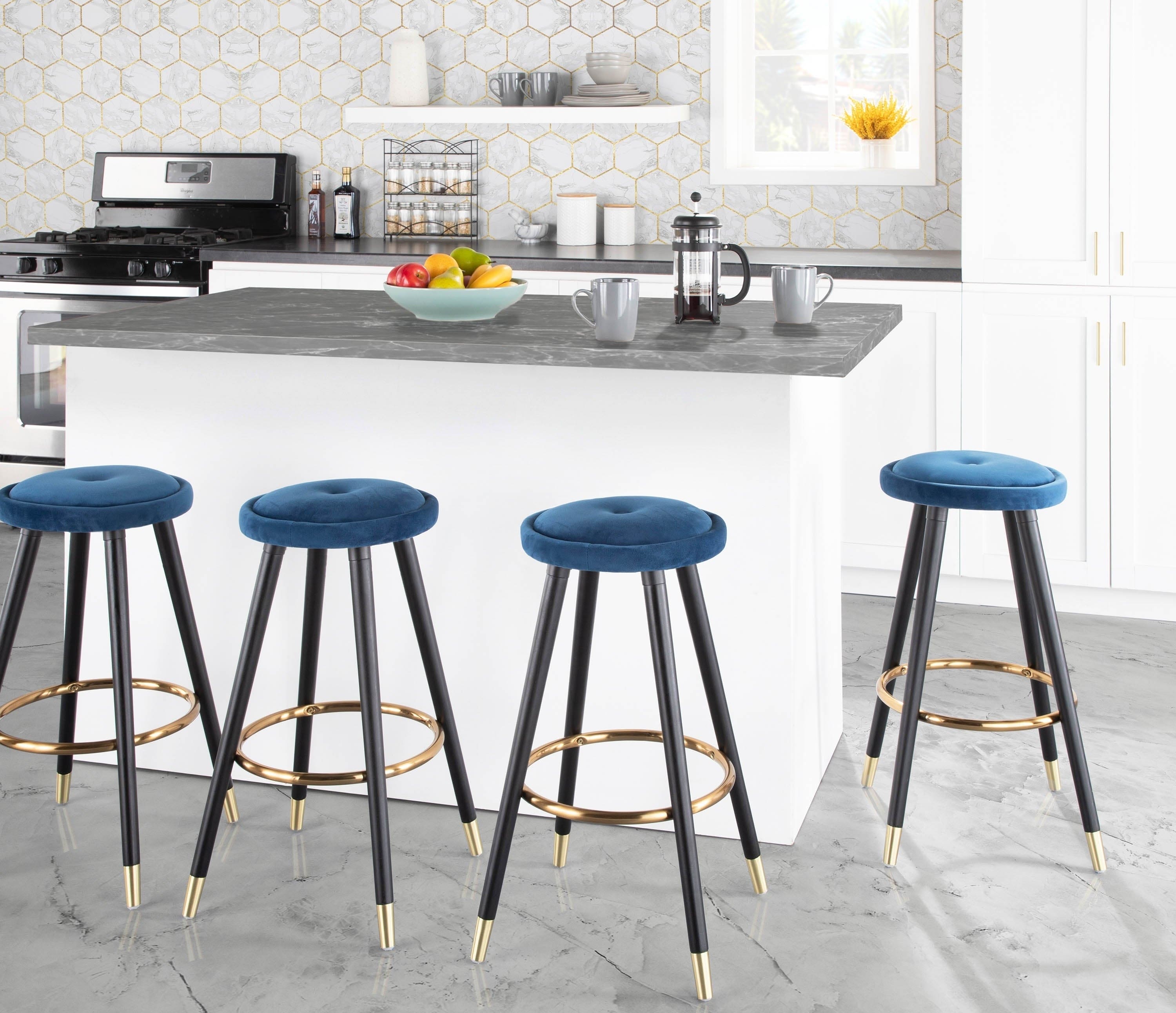 Cavalier Glam Counter Stool in Black Wood and Blue Velvet with Gold Accent by LumiSource - Set of 2