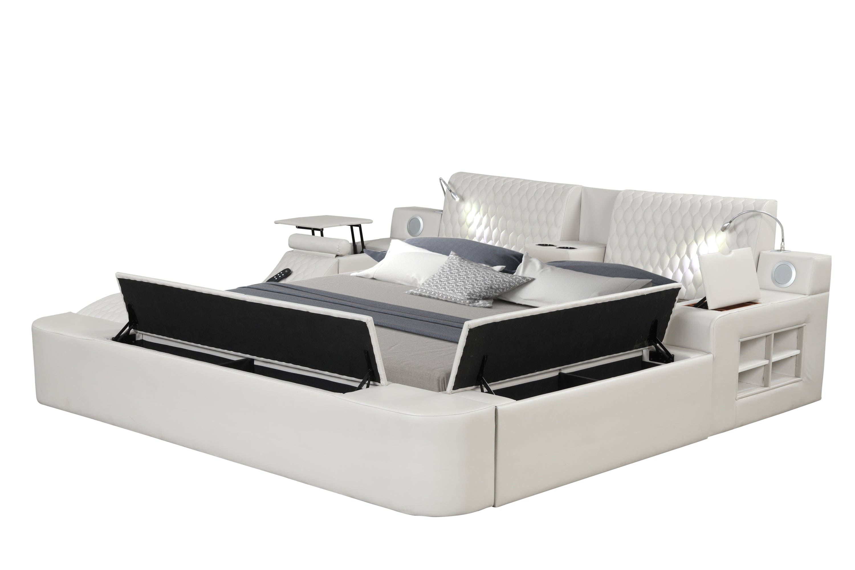 Zoya Smart Multifunctional Queen Size Bed Made with Wood in Beige