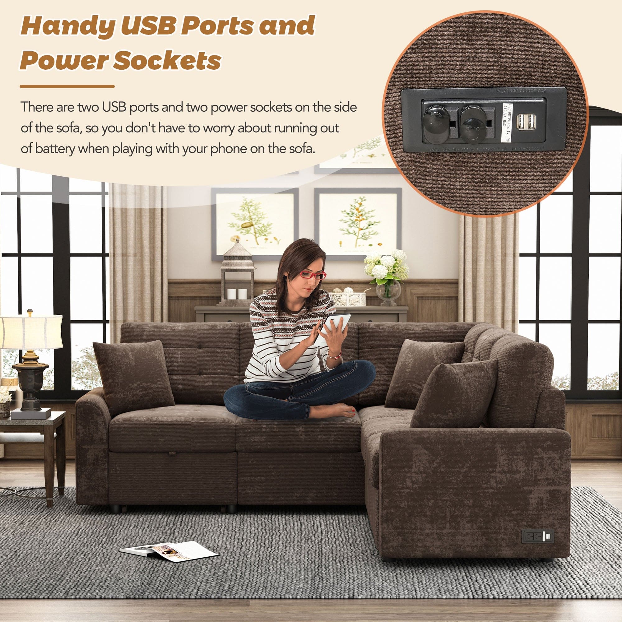 82.6" L-shape Sofa Bed Pull-out Sleeper Sofa with Wheels, USB Ports, Power Sockets for Living Room, Brown