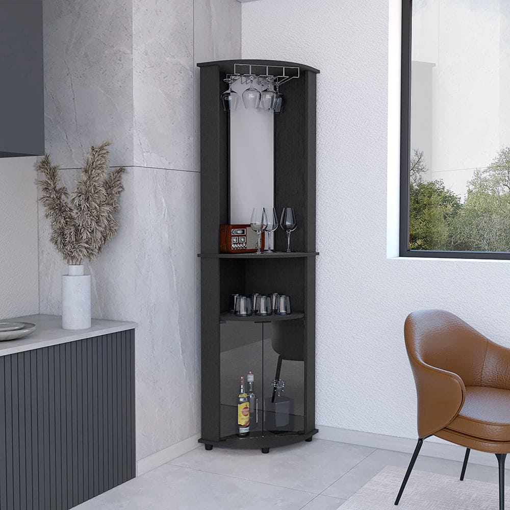 Corner Bar Cabinet Rialto, Three Shelves, Black Wengue Finish