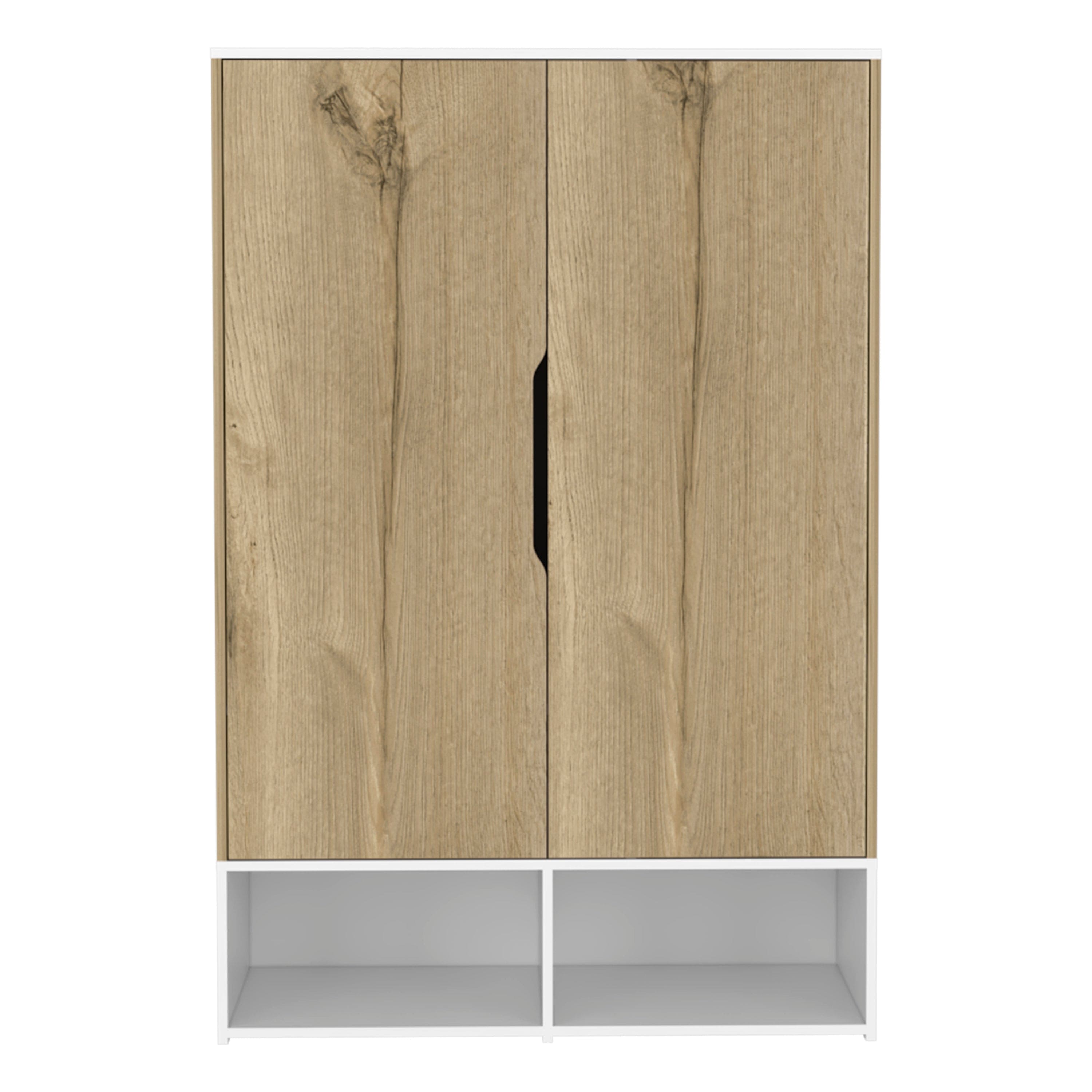 Rosie Armoire, Two Open Shelves, Double Door, Five Shelves, Hanging Rod -Light Oak / White