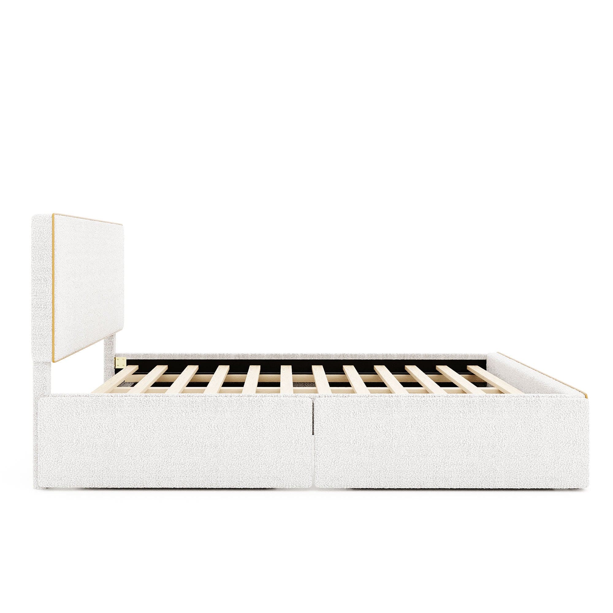 Queen Size Upholstered Platform Bed with 4 Drawers and Golden Edge on the Headboard & Footboard, White