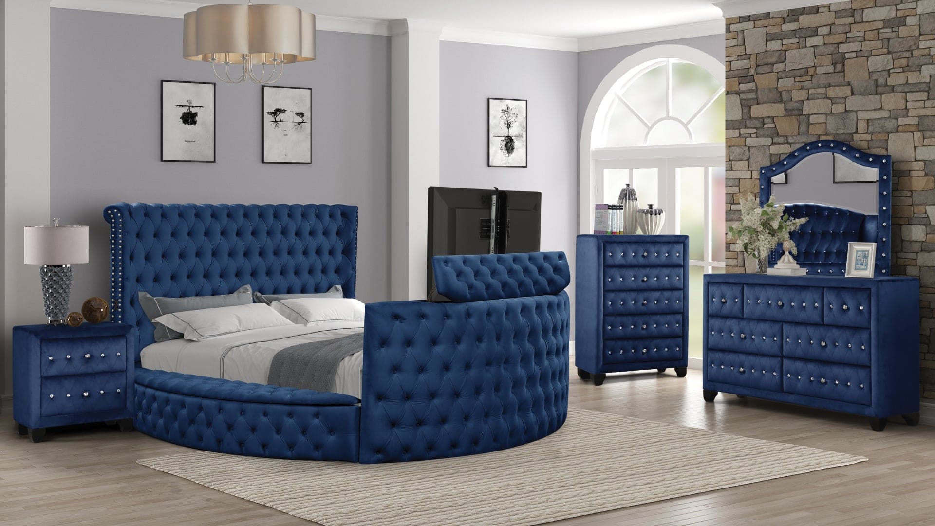 Maya Modern Style Crystal Tufted King Bed Made with wood in Blue