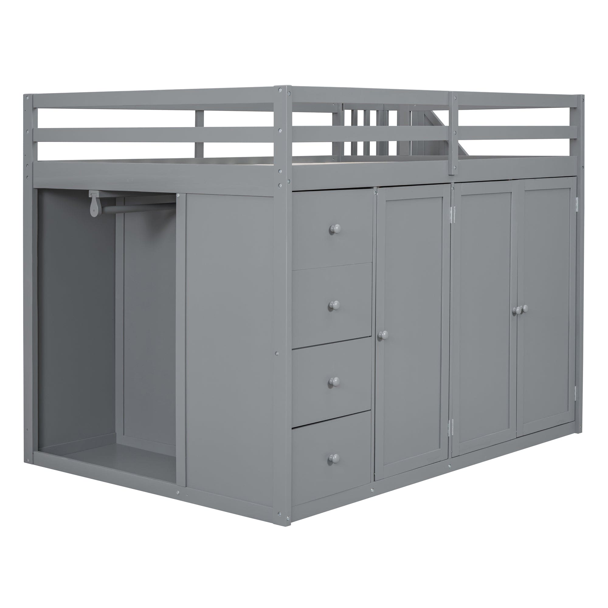 Full Size Wood Loft Bed With Built-in Wardrobes, Cabinets and Drawers, Gray