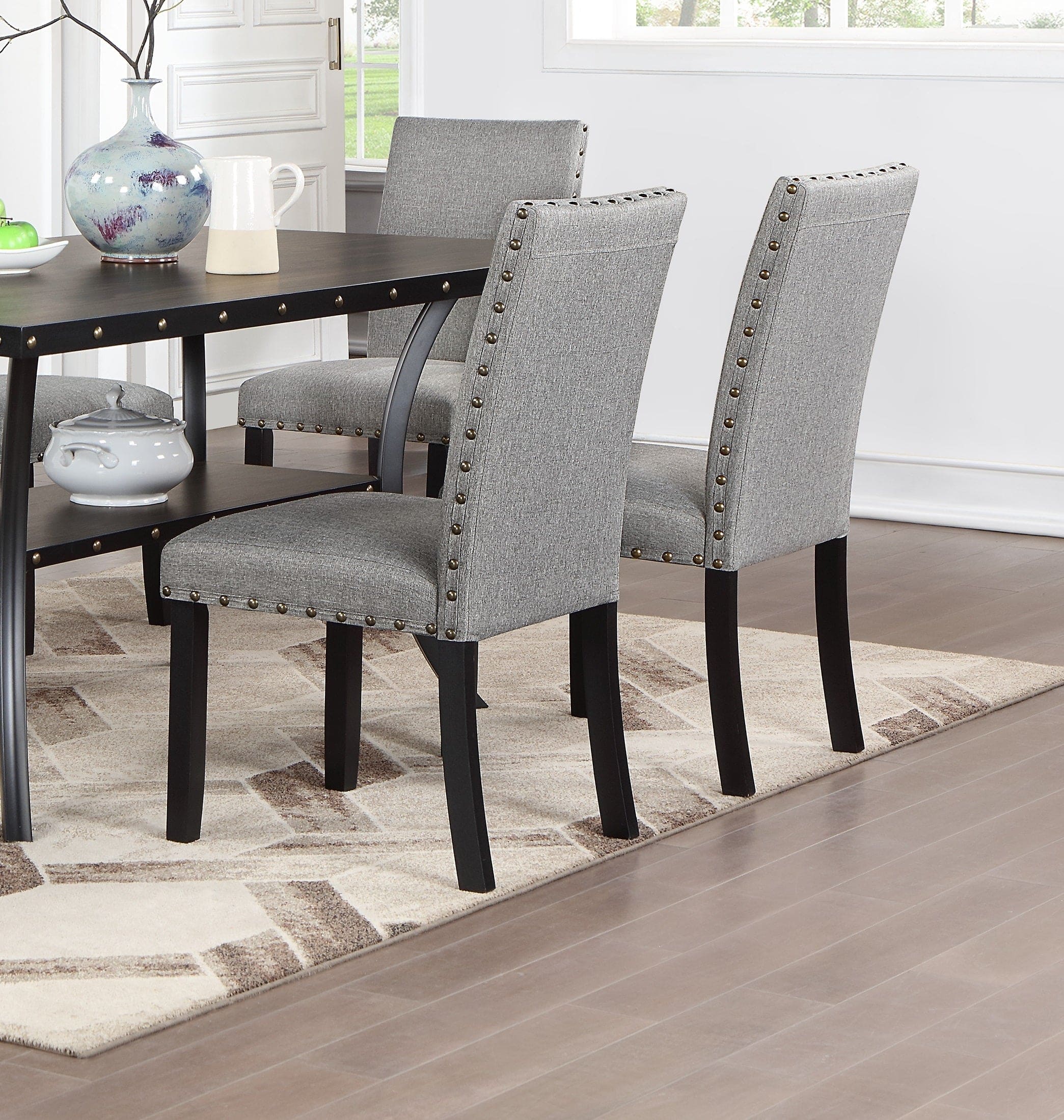 Modern Classic Dining Room Furniture Natural Wooden Rectangle Top Dining Table 6x Side Chairs Gray Fabric Nail heads Trim and Storage Shelve 7pc Dining Set