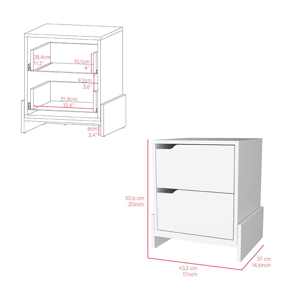 Nightstand Brookland, Bedside Table with Double Drawers and Sturdy Base, White Finish