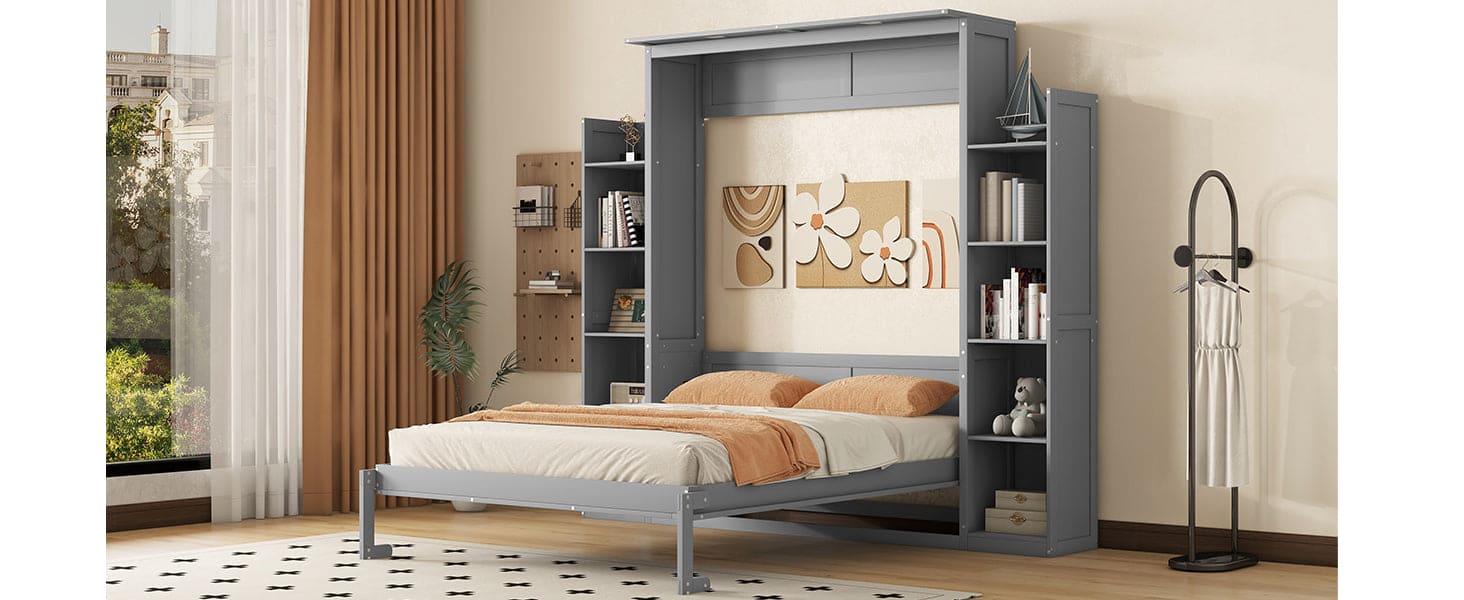 Queen Size Murphy Bed Wall Bed with Shelves and LED Lights,Gray