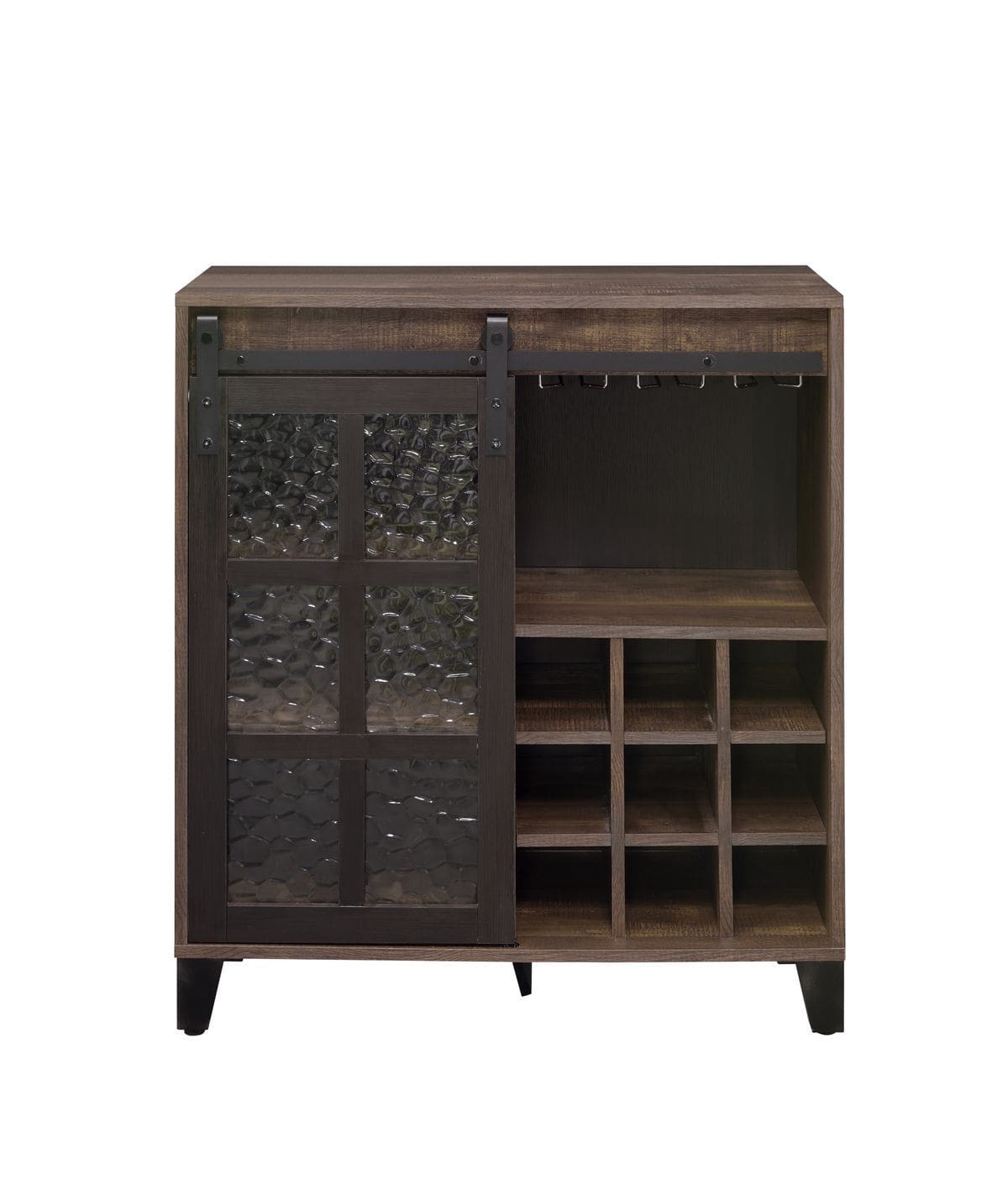 ACME Treju Wine Cabinet, Obscure Glass, Rustic Oak & Black Finish 97836