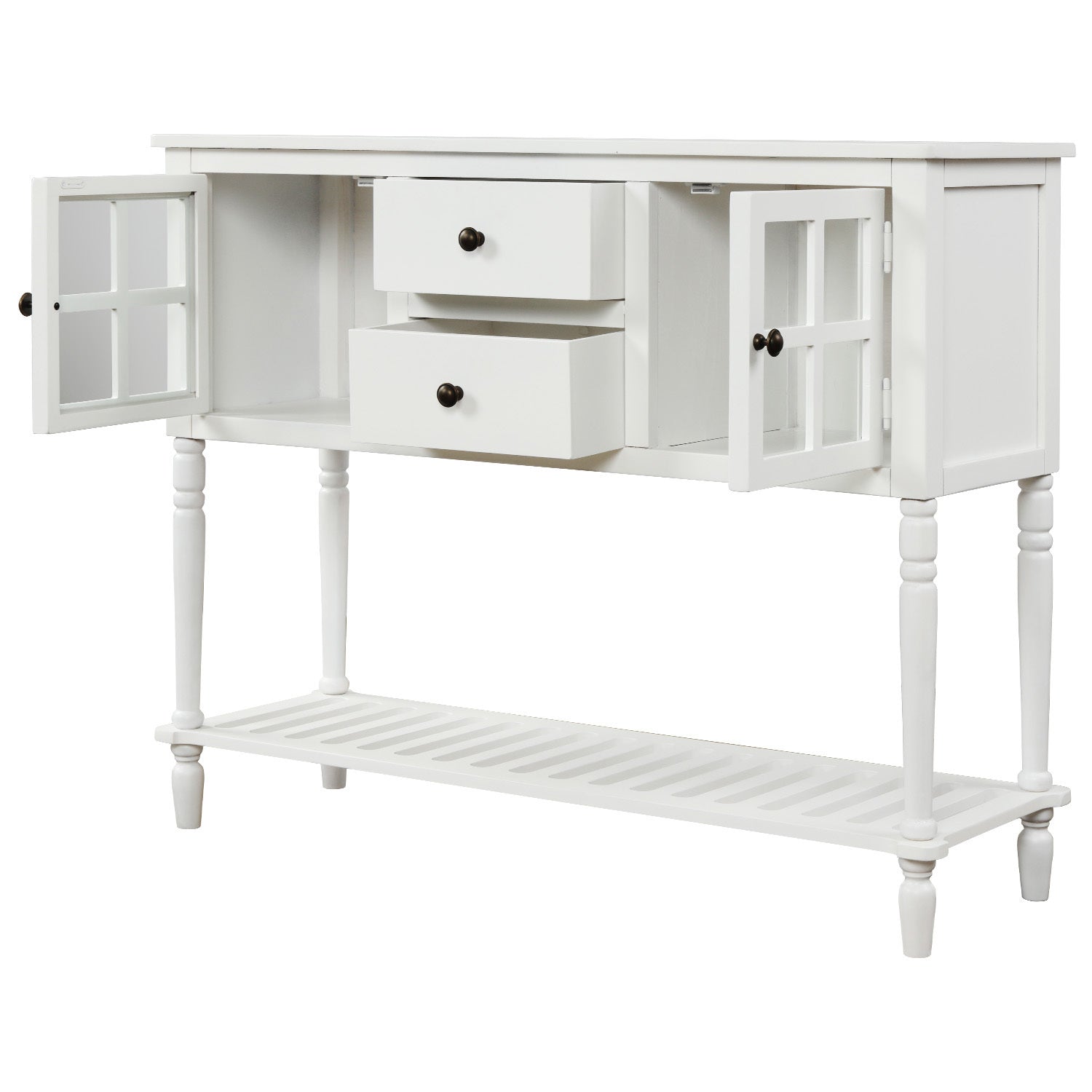 TREXM Sideboard Console Table with Bottom Shelf, Farmhouse Wood/Glass Buffet Storage Cabinet Living Room (White)