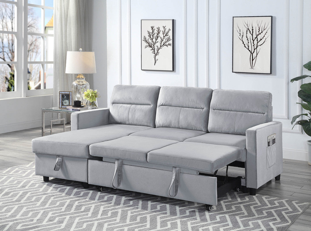 Ivy Light Gray Velvet Reversible Sleeper Sectional Sofa with Storage Chaise and Side Pocket