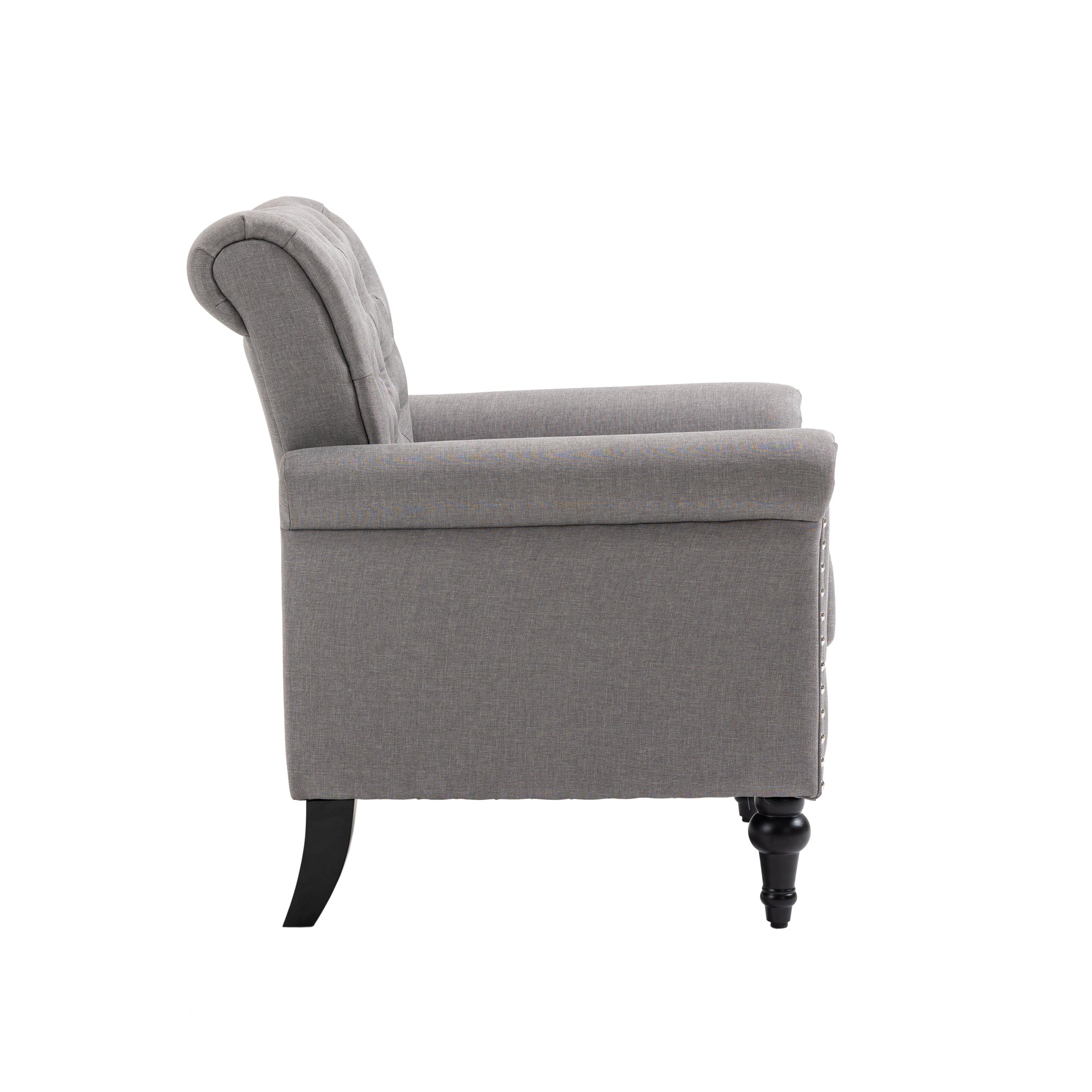 Mid-Century Modern Accent Chair, Linen Armchair w/Tufted Back/Wood Legs, Upholstered Lounge Arm Chair Single Sofa for Living Room Bedroom, Light grey