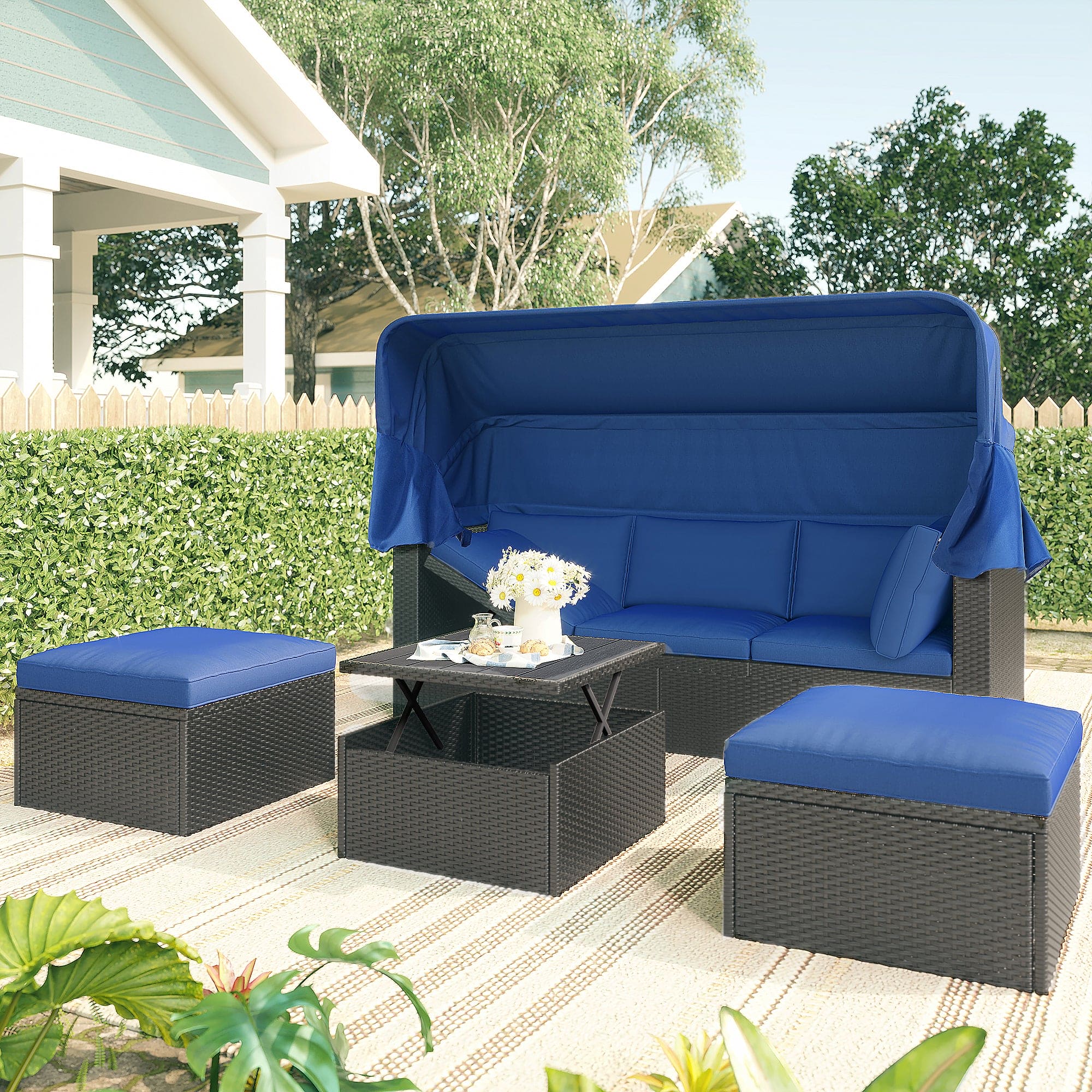 U_Style Outdoor Patio Rectangle Daybed with Retractable Canopy,  Wicker Furniture Sectional Seating with Washable Cushions, Backyard, Porch(As same as WY000263AAE)