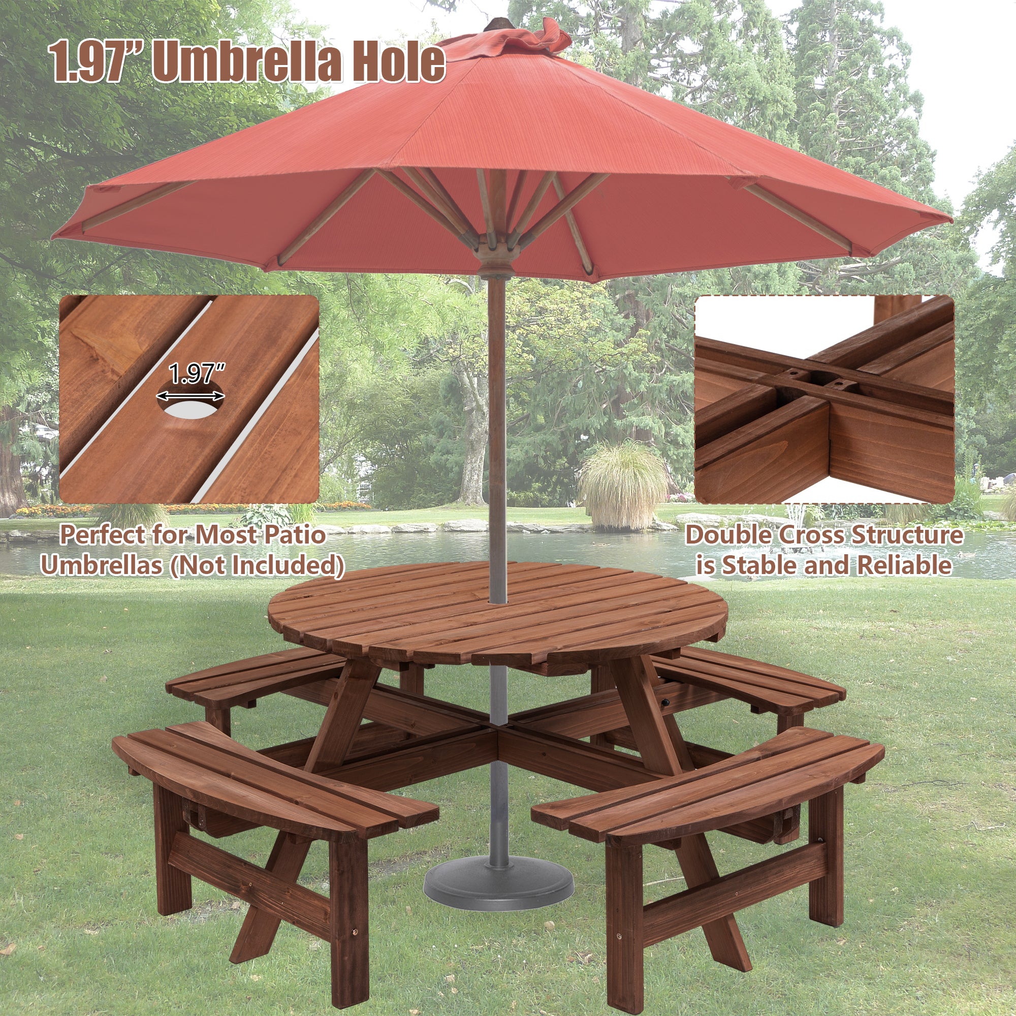 8 Person Wooden Picnic Table, Outdoor Camping Dining Table with Seat, Garden, DIY w/ 4 Built-in Benches, 2220lb Capacity