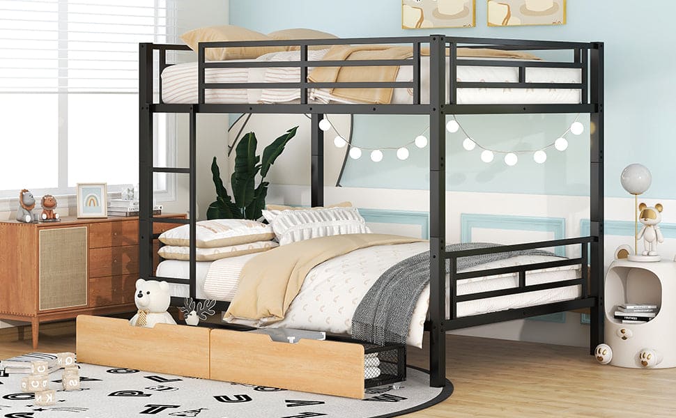 Metal Full Size Convertible Bunk Bed with 2 Drawers, Black