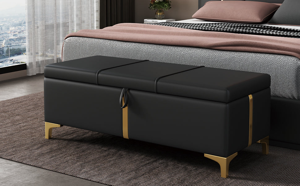 Elegant Upholstered Storage Ottoman,Storage Bench with Metal Legs for Bedroom,Living Room,Fully Assembled Except Legs,Black