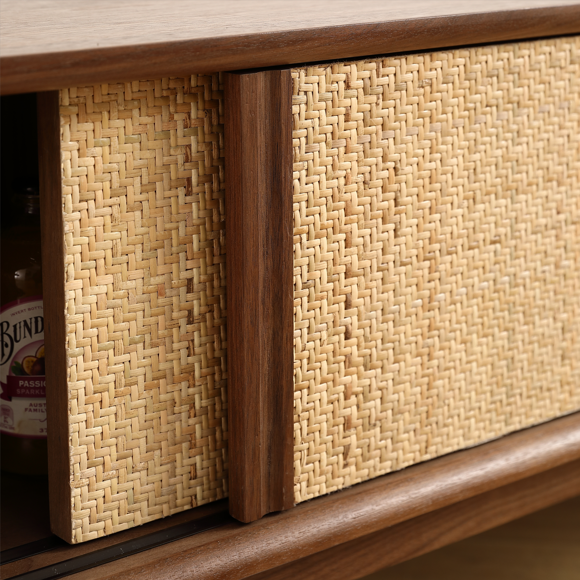 Two Door Four Drawer Cabinet with Natural Rattan Weaving - Black Walnut/Natural Vine MDF Sideboard,Sideboard Buffet Cabinet. 68.89 inch